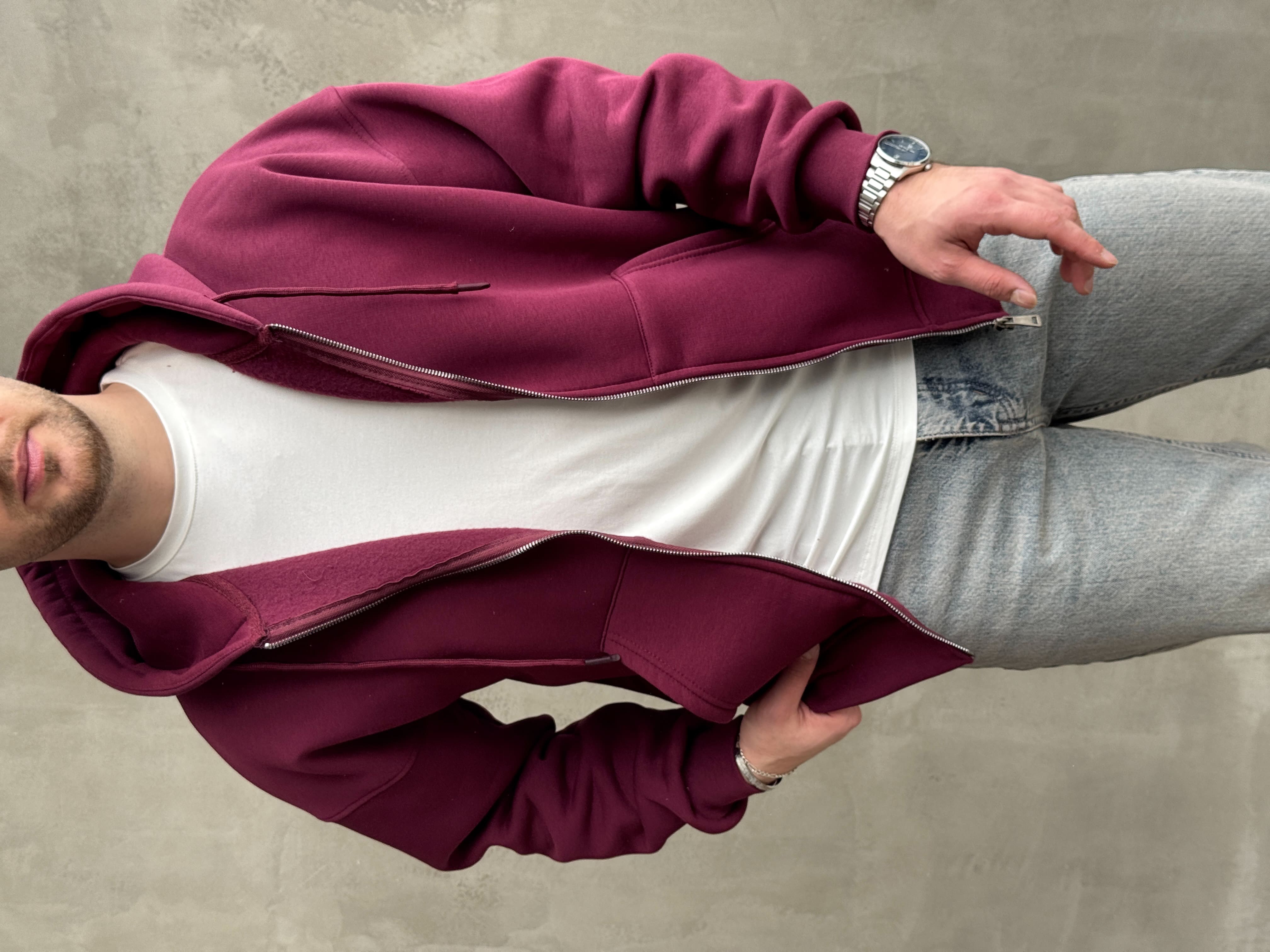 Erkek Yani Sezon Oversize Kalıp Kapüşonlu 3 İplik Zip Sweat-Bordo(E1805)Ketench