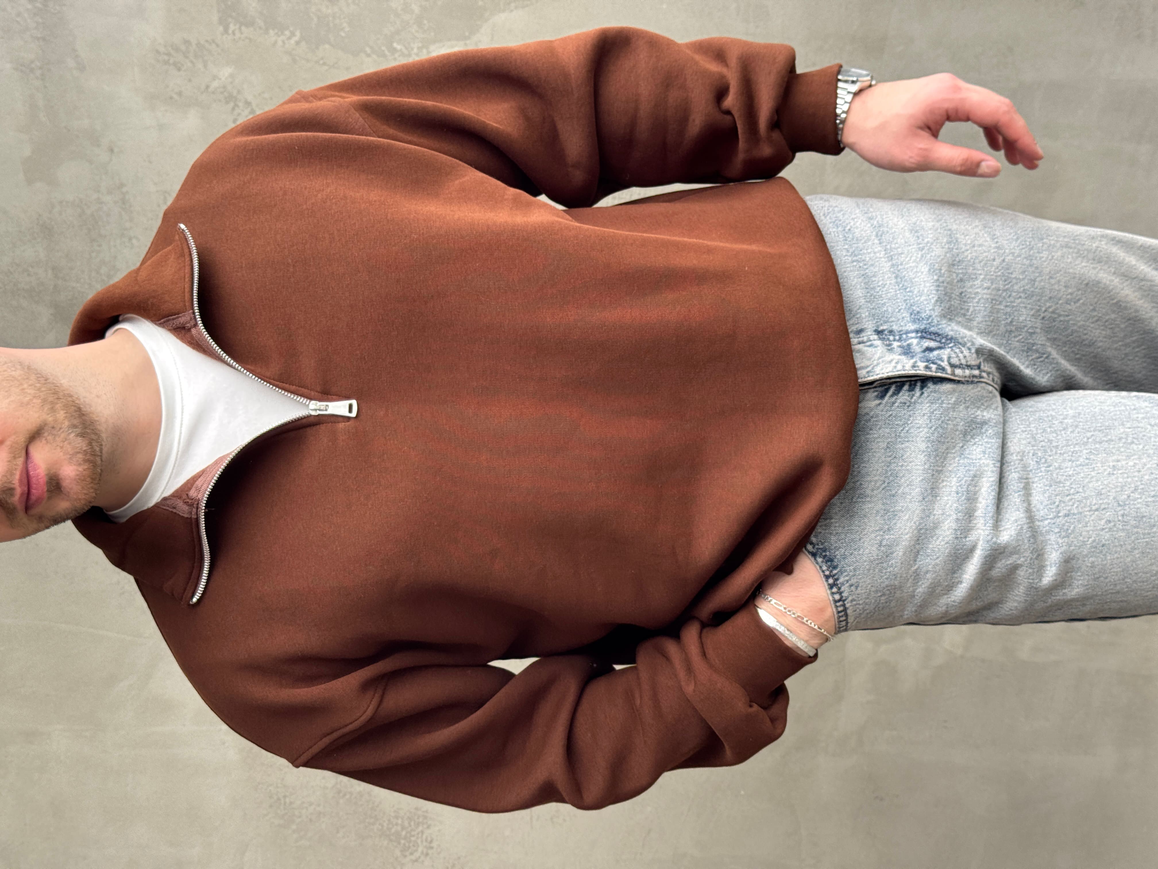 Erkek Yani Sezon Oversize Kalıp Yarım Fermuarlı 3 İplik Basic Sweat-Kahverengi(E1806)Ketench