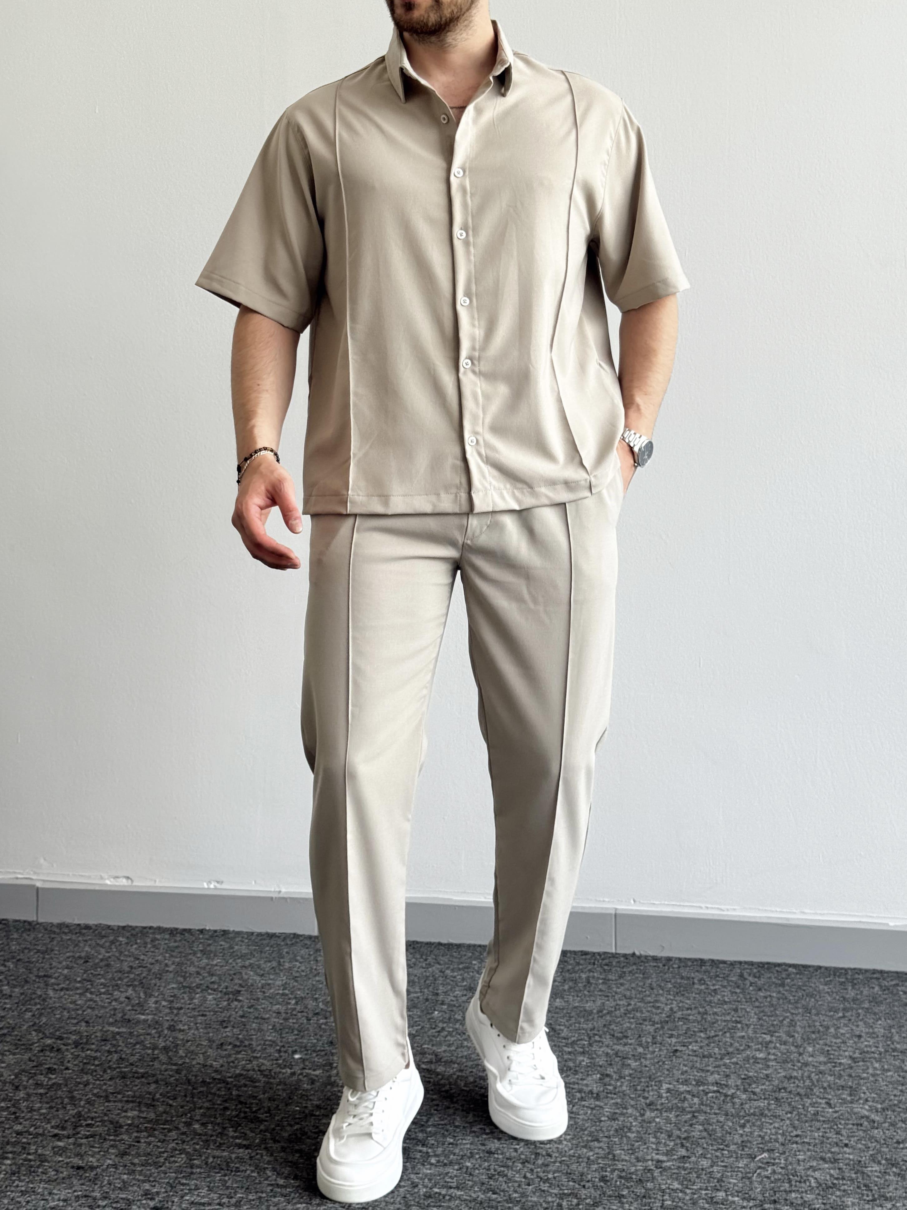 Erkek Yeni Nesil Prime Beli Lastikli Dikiş Detaylı Baggy Kalıp Kumaş Pantolon Ve Oversize Gömlek Takım-Bej(E1432)Ketench