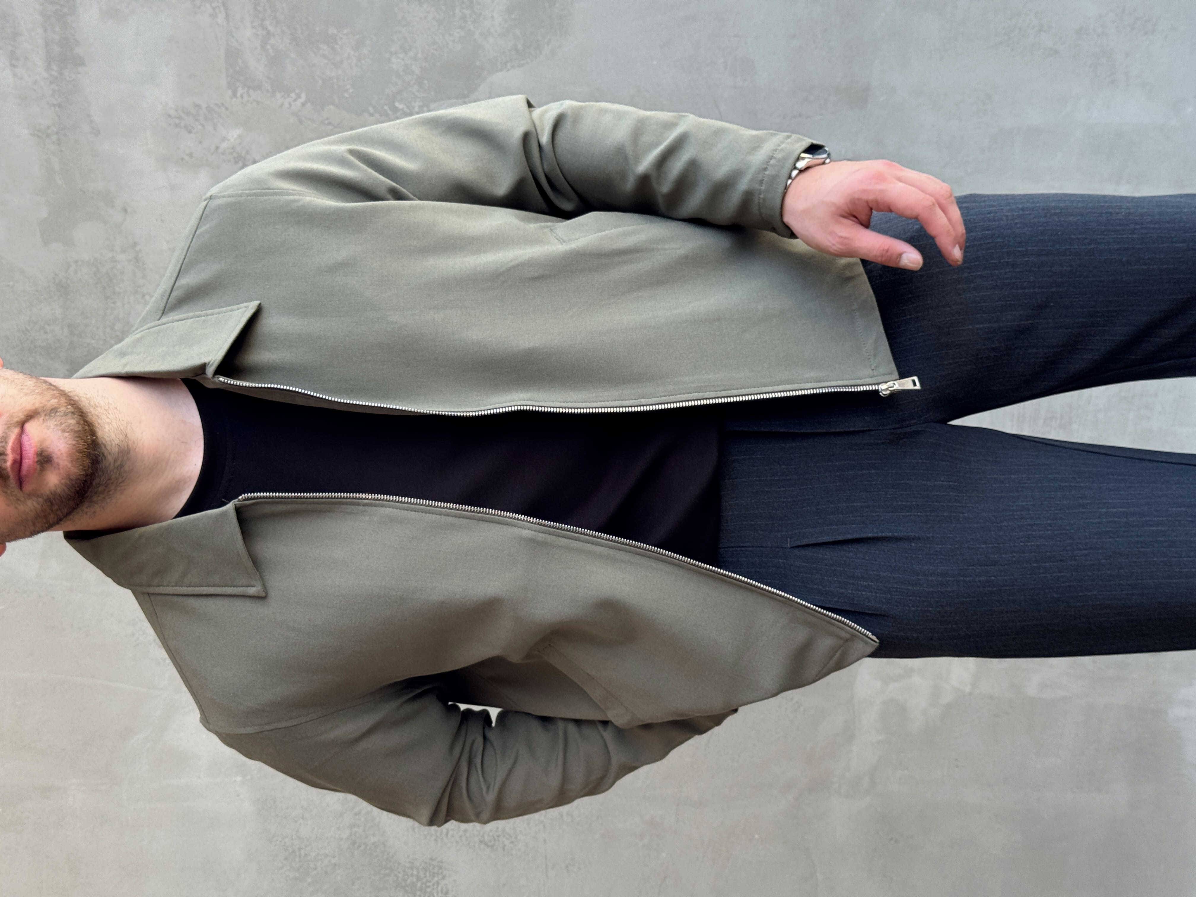 Erkek Yeni Sezon Oversize Kalıp İçi Astarlı Gabardin Kumaş Ceket-Haki(E1797)Ketench
