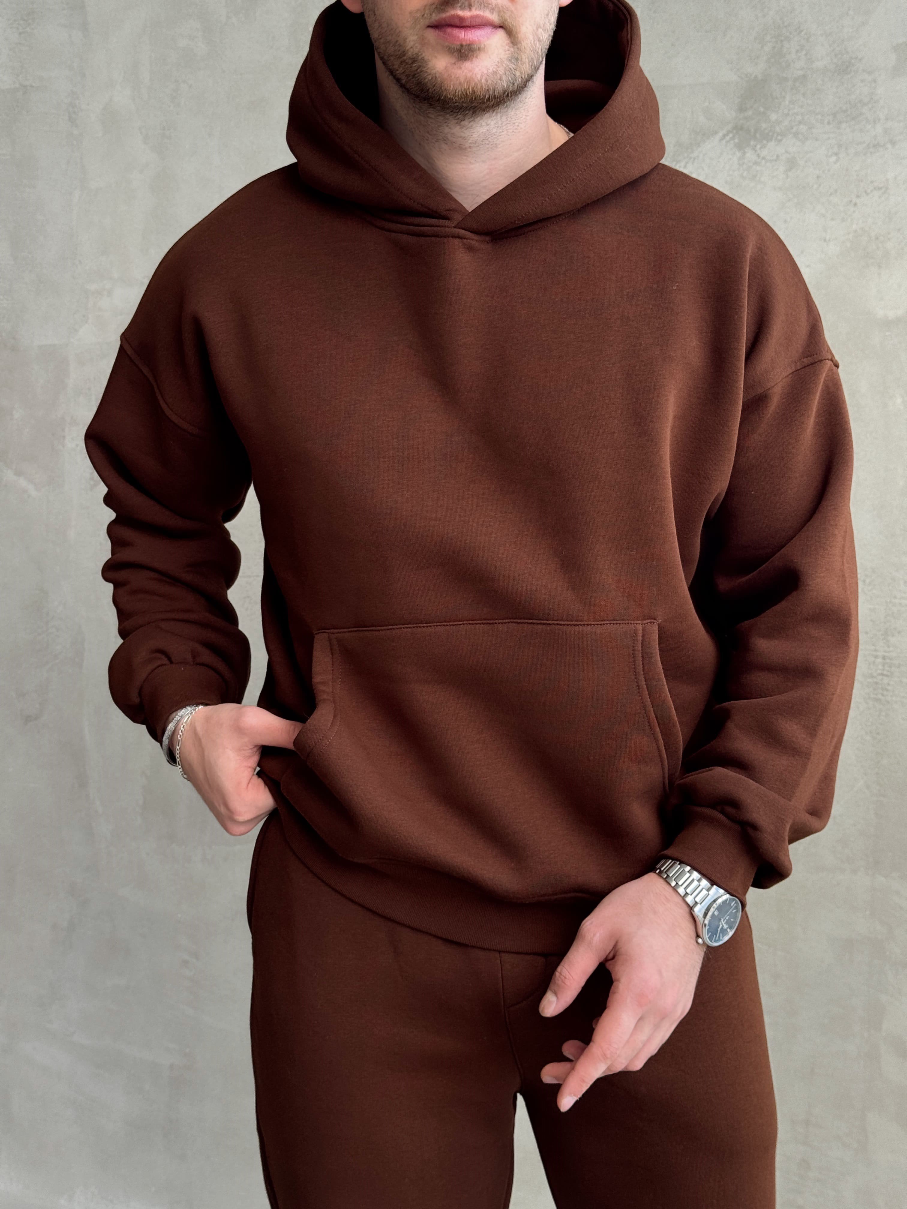 Erkek Yeni Sezon Oversize Kalıp Kapüşonlu Kanguru Cepli Basic 3 İplik Sweat-Kahverengi(E1802)Ketench