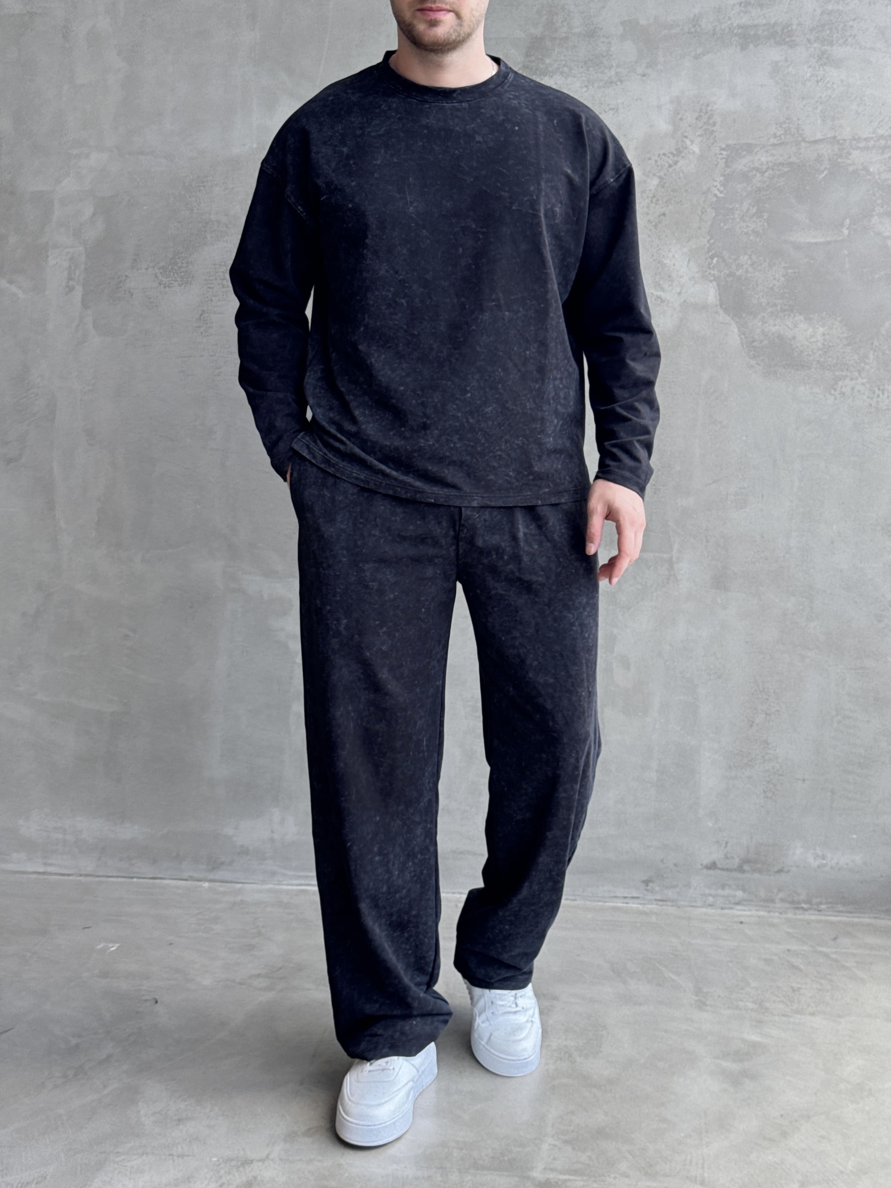 Erkek Yeni Sezon Oversize Kalıp Yıkamalı Uzun Kol T-Shirt Baggy Kalıp Eşofman Takım-Siyah(E1856)Ketench