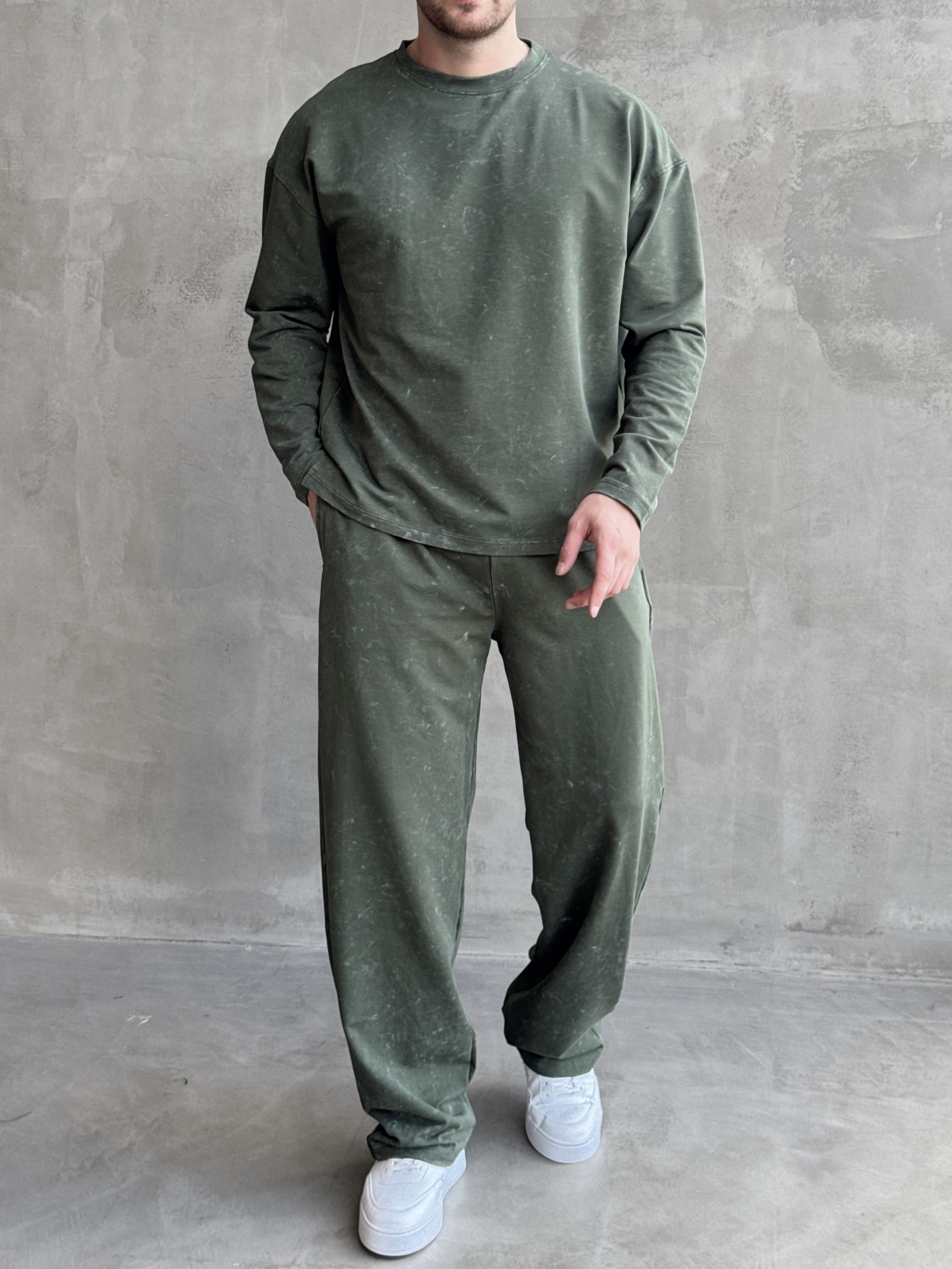 Erkek Yeni Sezon Oversize Kalıp Yıkamalı Uzun Kol T-Shirt Baggy Kalıp Eşofman Takım-Haki(E1856)Ketench