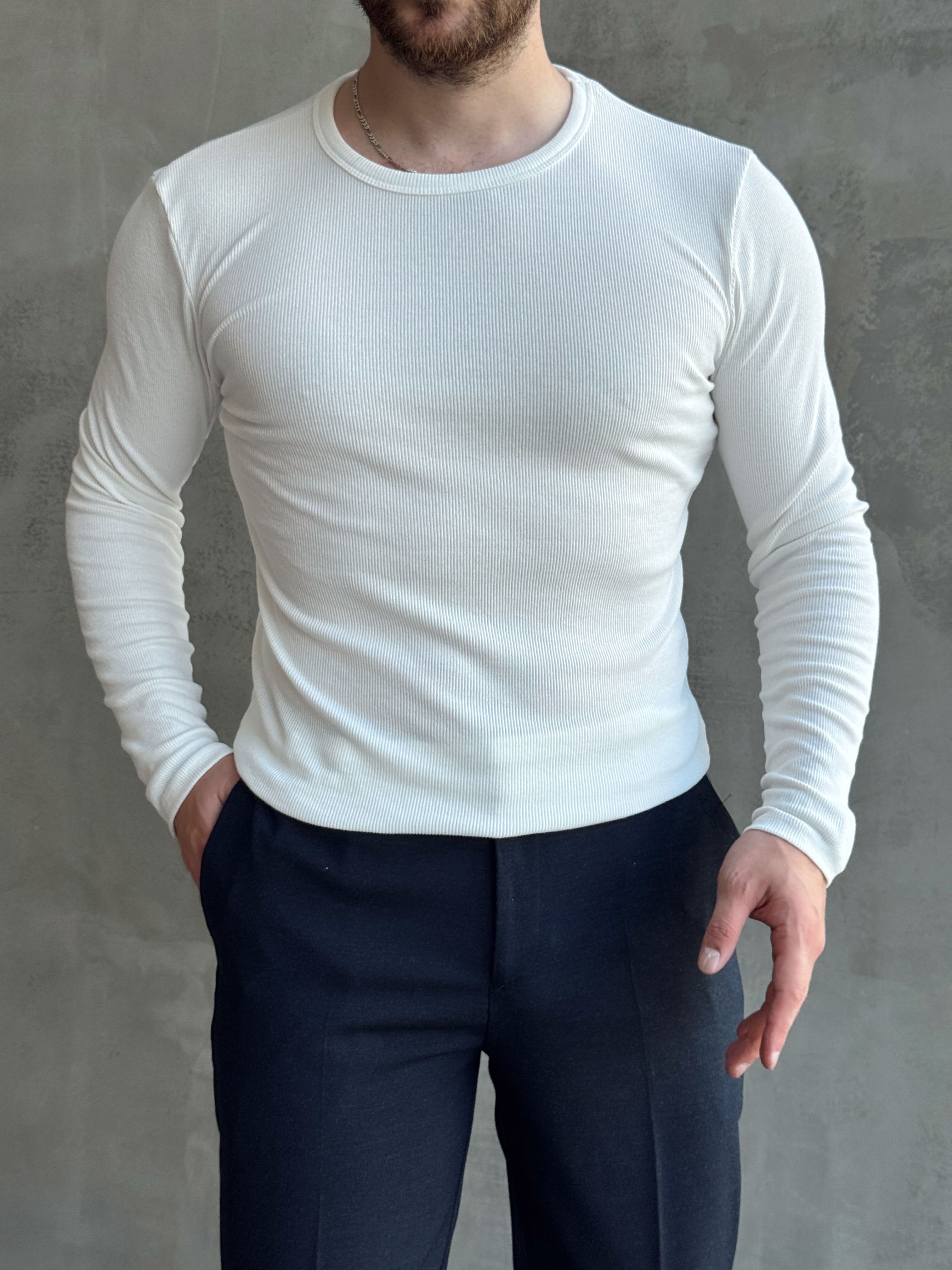 Erkek Yeni Sezon Regular Fit Bisiklet Yaka Uzun Kollu T-Shirt-Beyaz(E1794)Ketench