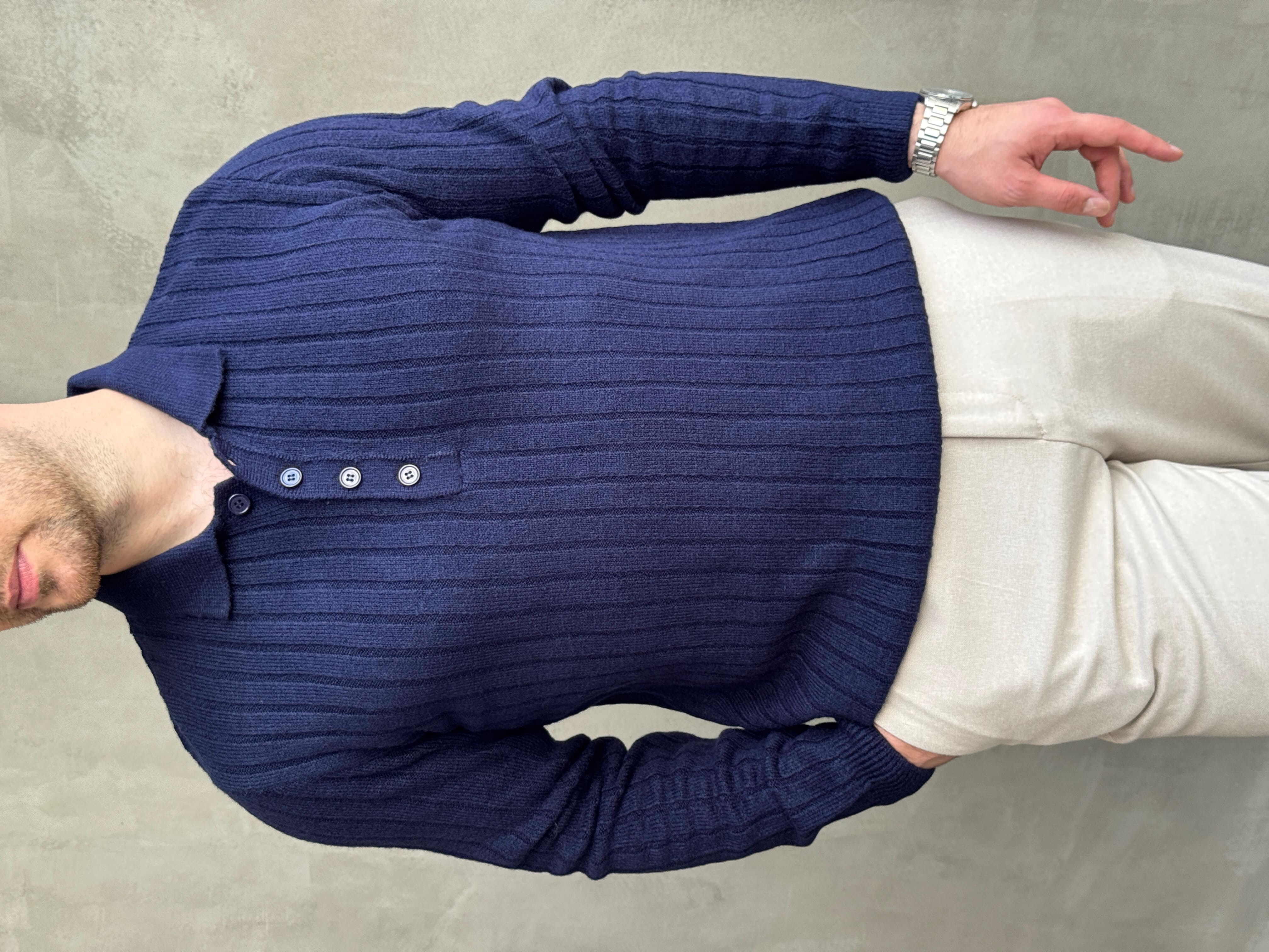 Erkek Yeni Sezon Regular Fit Düğme Detaylı Polo Yaka Triko Kazak-Lacivert(E1833)Ketench