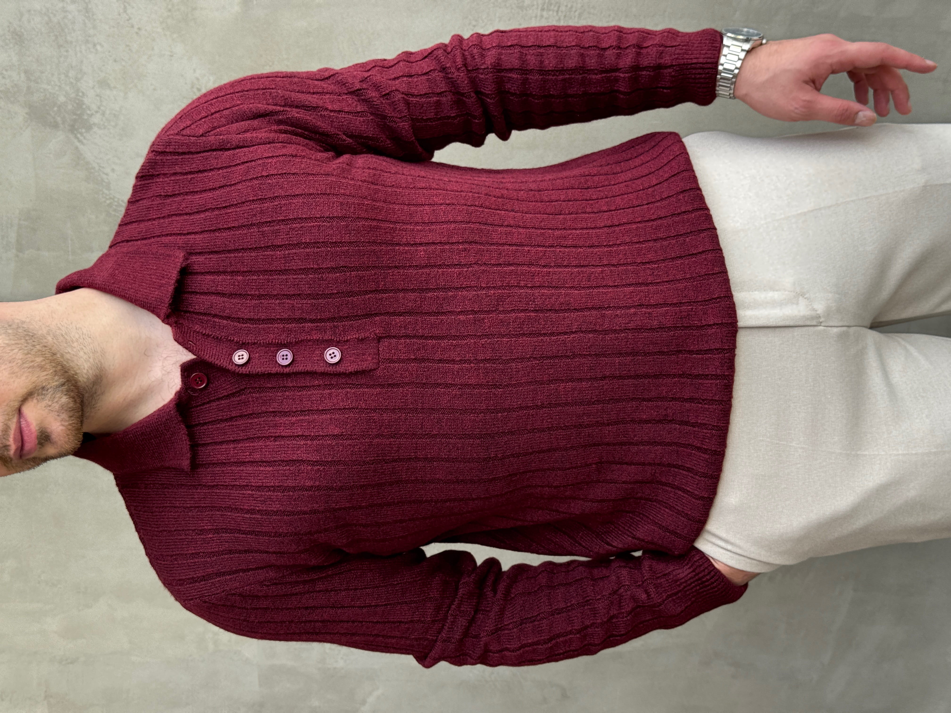 Erkek Yeni Sezon Regular Fit Düğme Detaylı Polo Yaka Triko Kazak-Bordo(E1833)Ketench