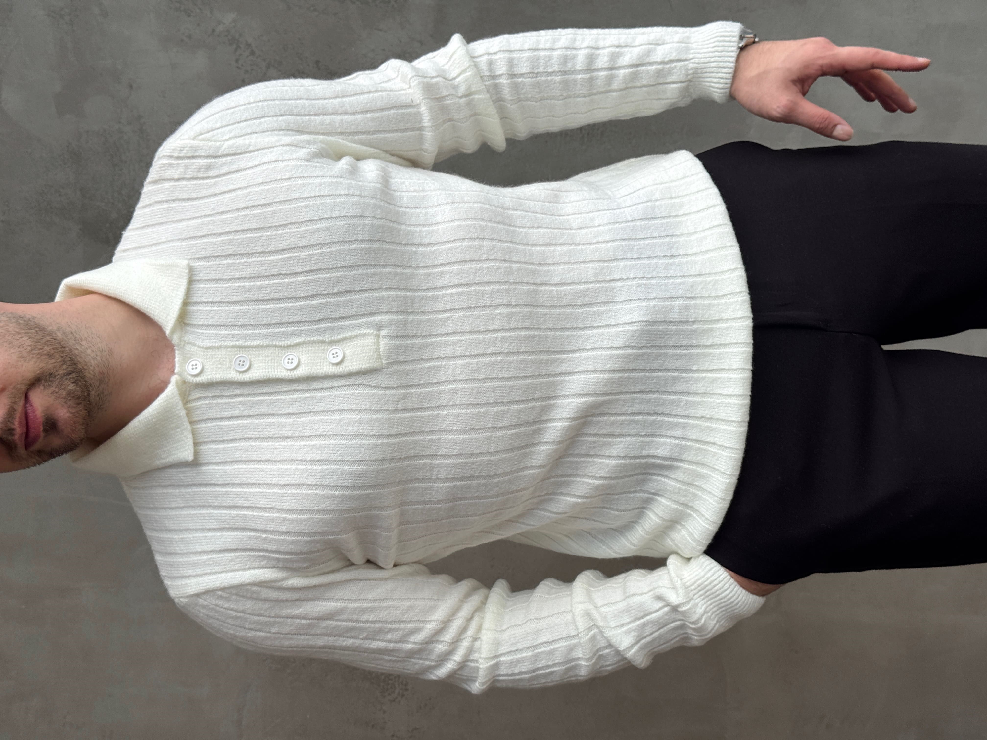 Erkek Yeni Sezon Regular Fit Düğme Detaylı Polo Yaka Triko Kazak-Ekru(E1833)Ketench