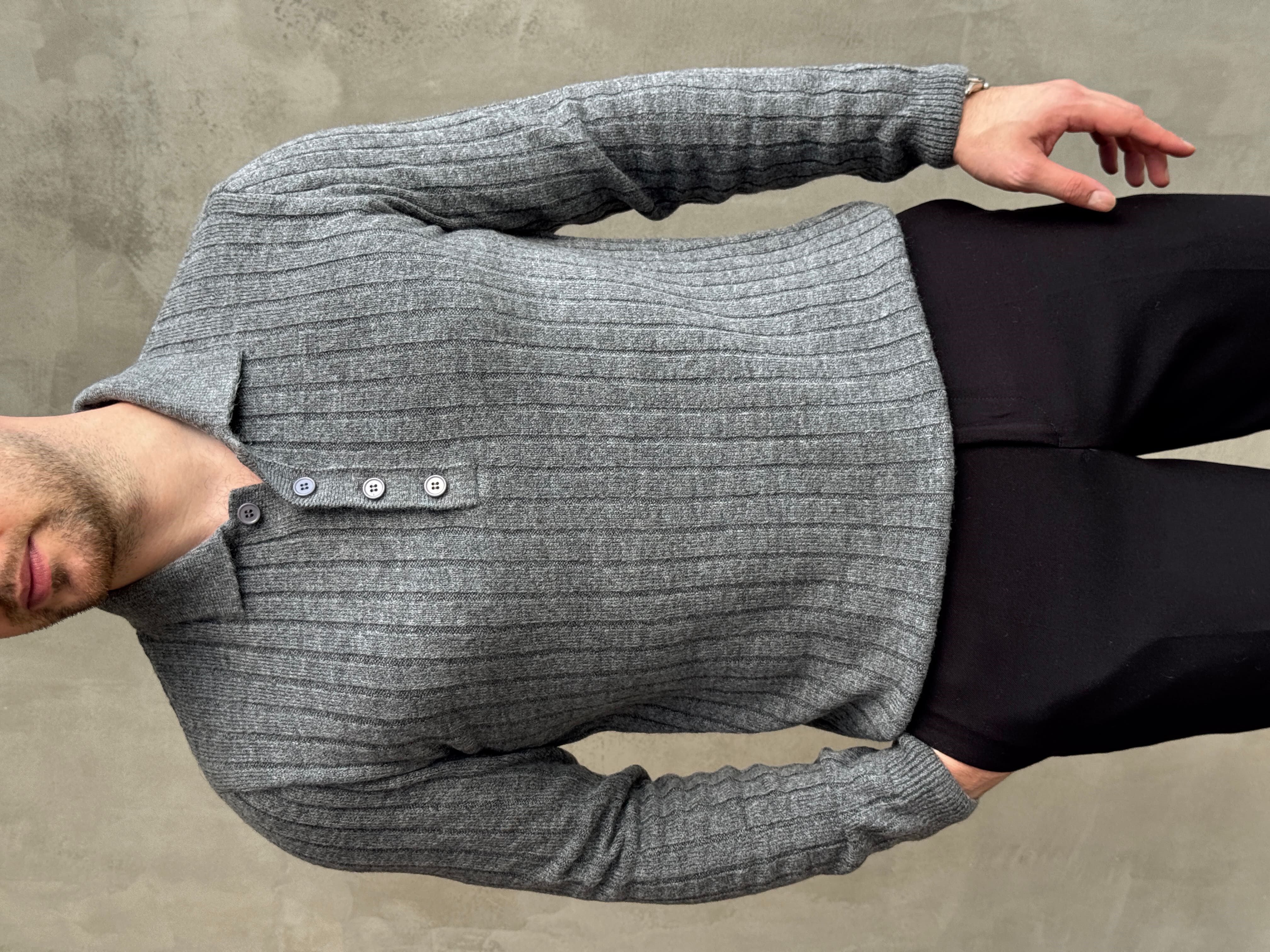 Erkek Yeni Sezon Regular Fit Düğme Detaylı Polo Yaka Triko Kazak-Antrasit(E1833)Ketench