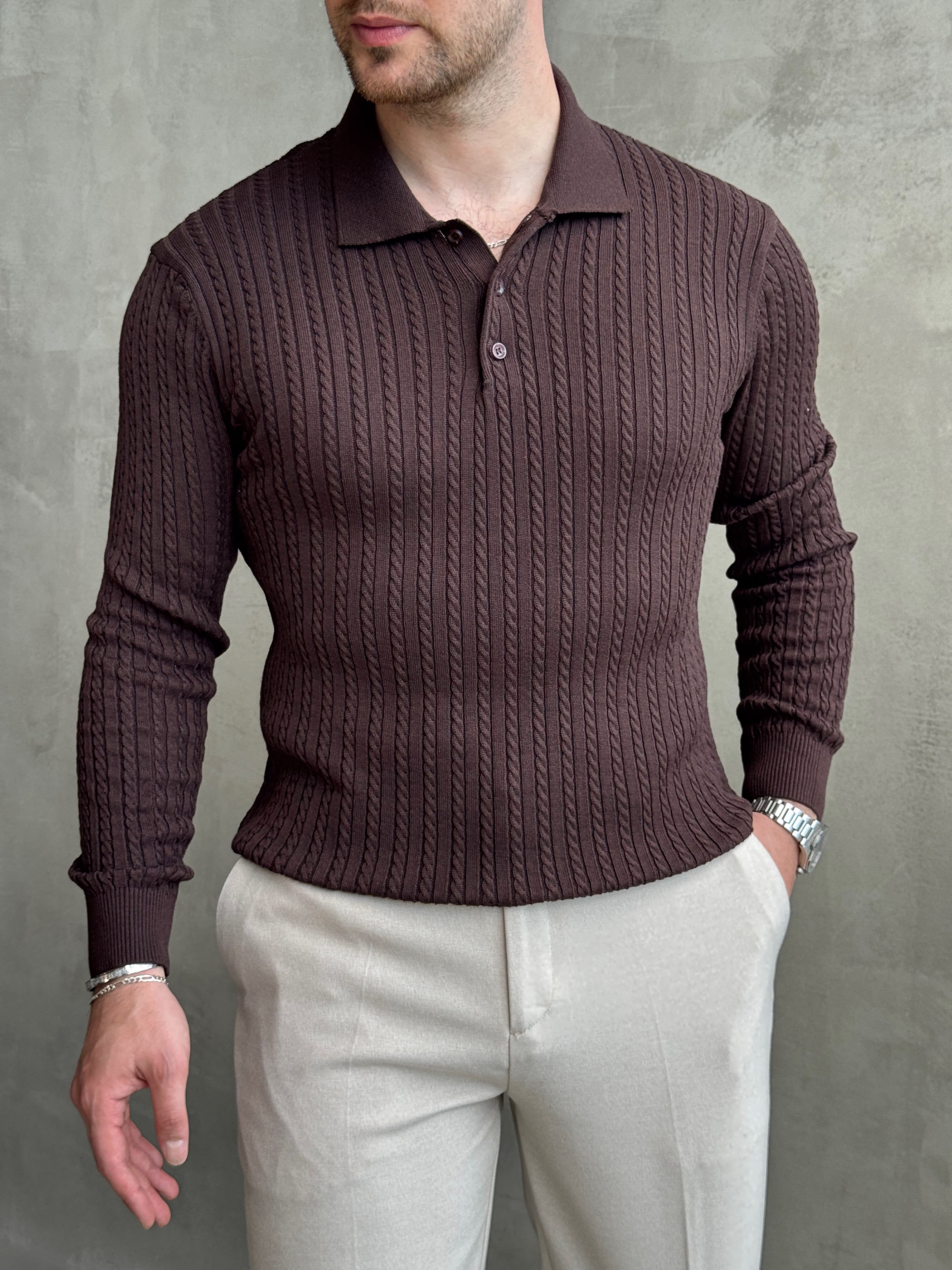 Erkek Yeni Sezon Regular Fit Halat Desenli Düğme Detaylı Polo Yaka Kazak-Kahverengi(E1834)Ketench