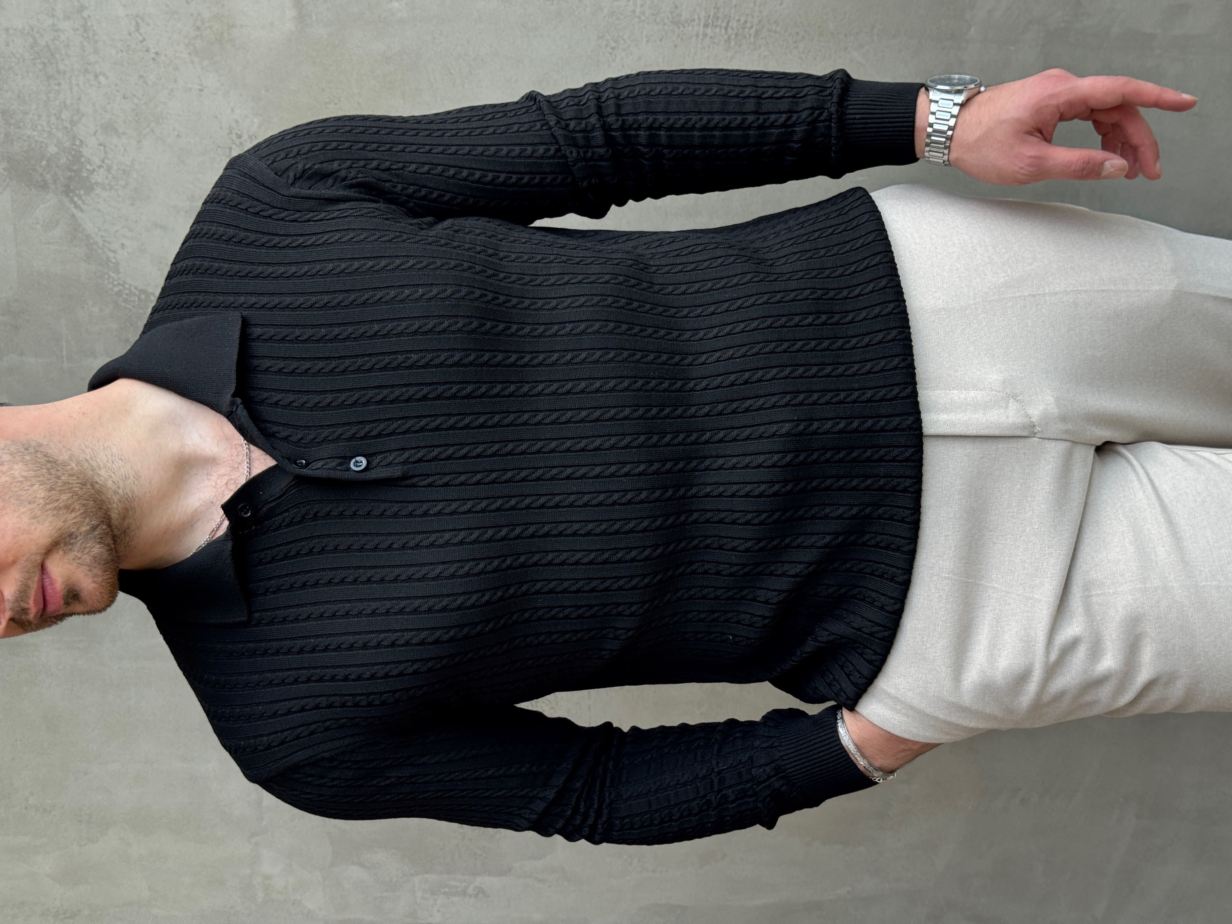 Erkek Yeni Sezon Regular Fit Halat Desenli Düğme Detaylı Polo Yaka Kazak-Siyah(E1834)Ketench