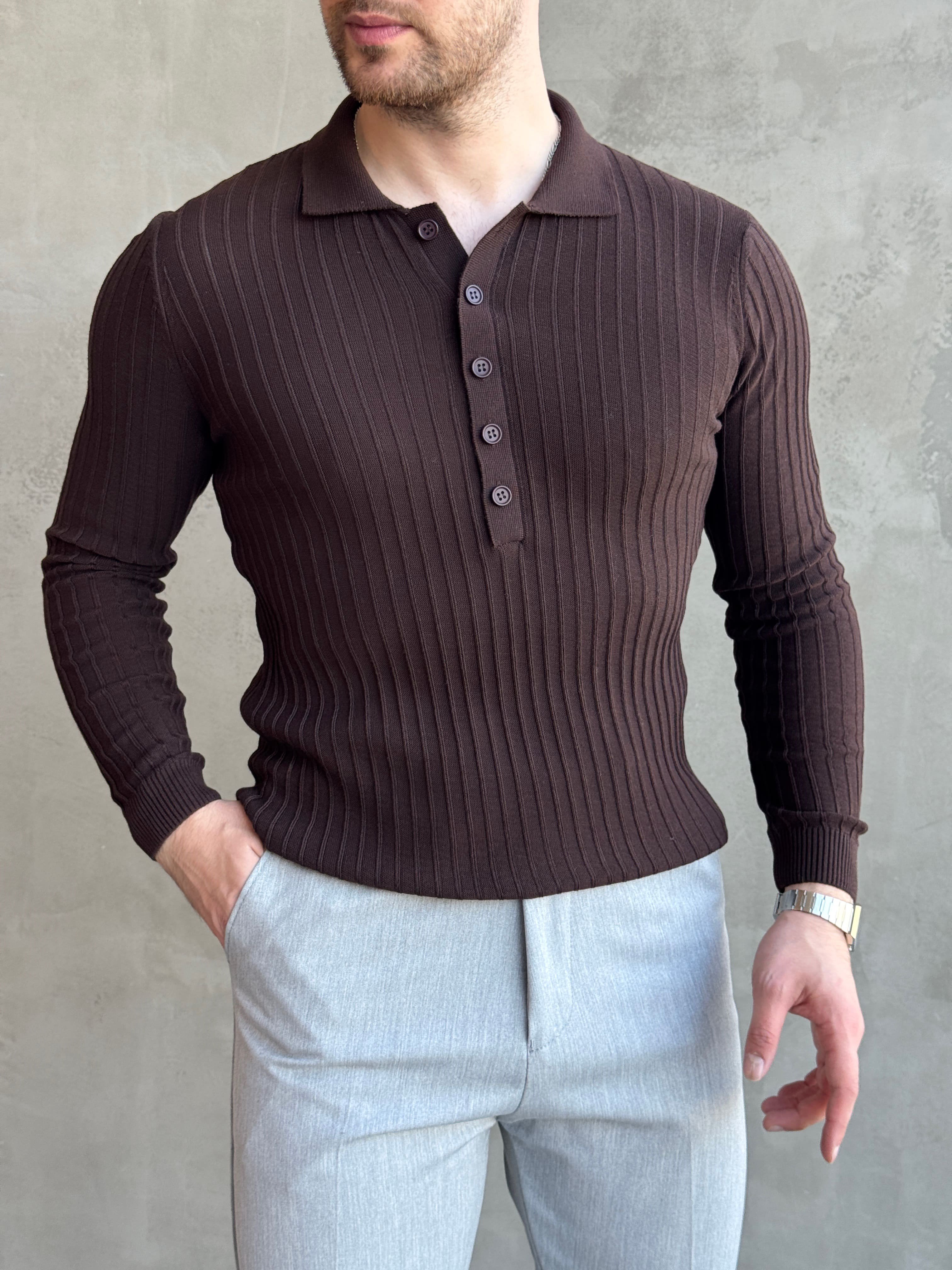 Erkek Yeni Sezon Regular Fit Polo Yaka Düğmeli Triko Kazak-Kahverengi(E1792)Ketench