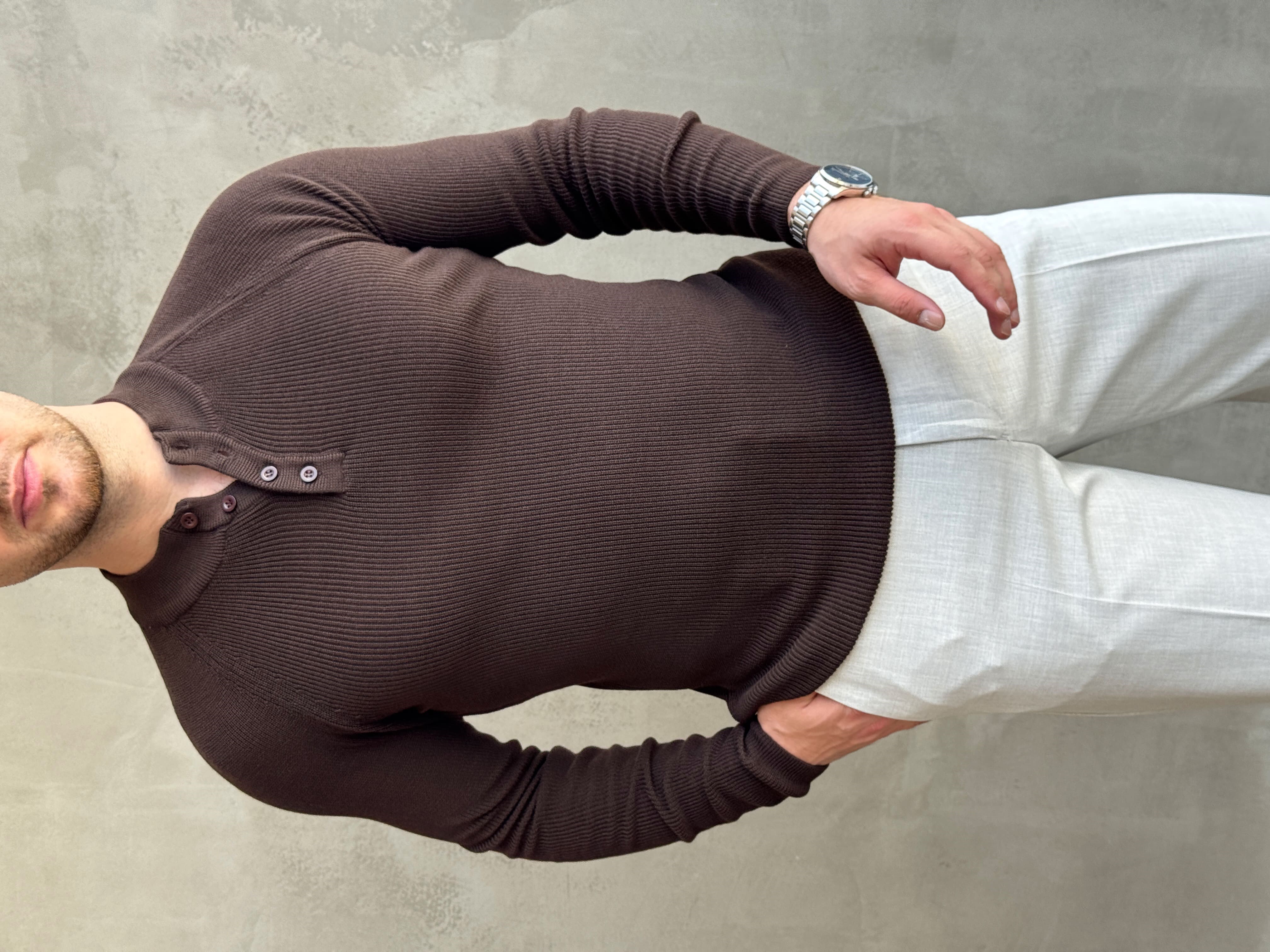 Erkek Yeni Sezon Regular Fit Yaka Düğmeli İnce Triko Kazak-Kahverengi(E1788)Ketench