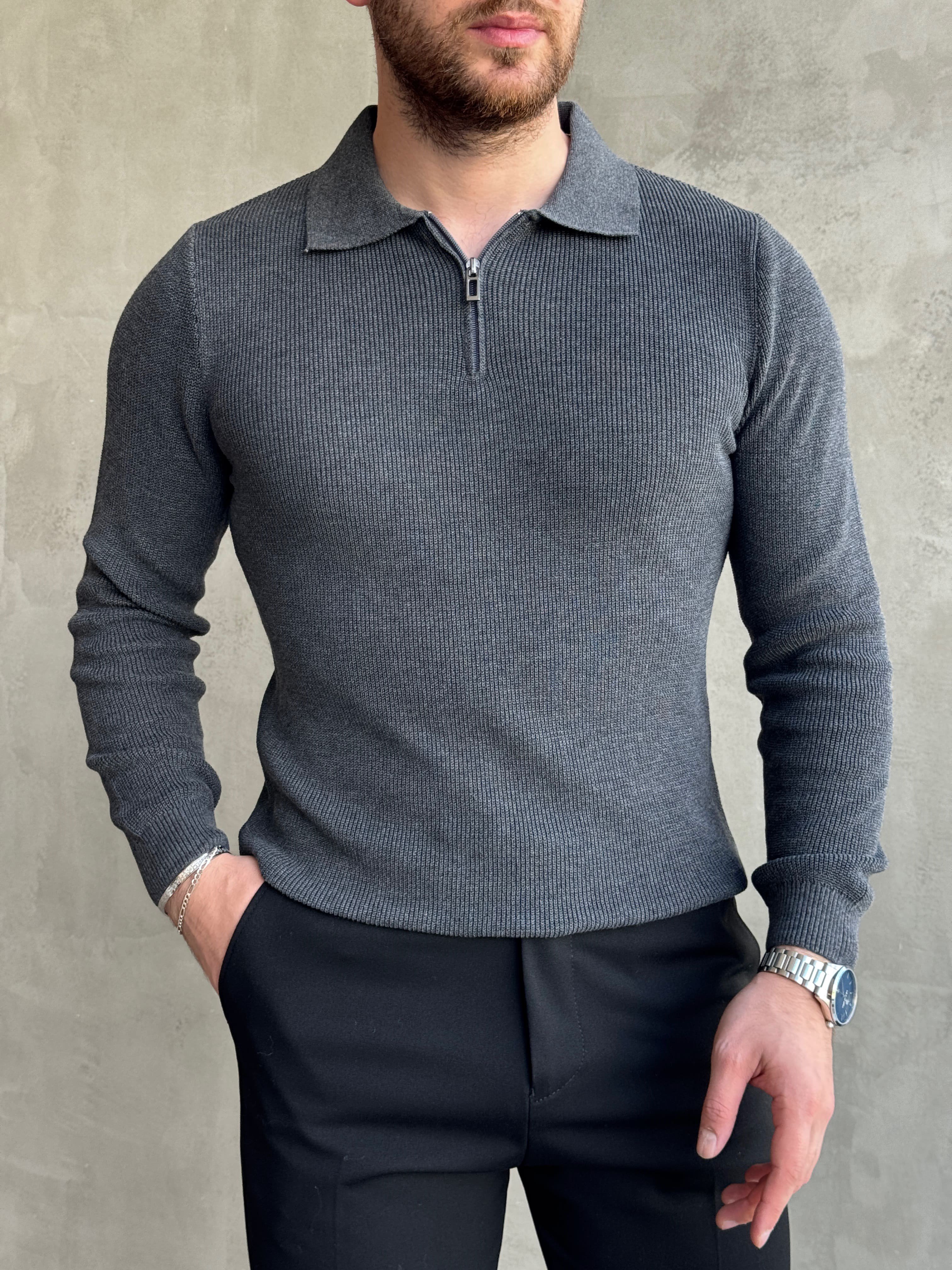 Erkek Yeni Sezon Regular Fit Yaka Fermuar Detaylı Triko Kazak-Füme(E1790)Ketench