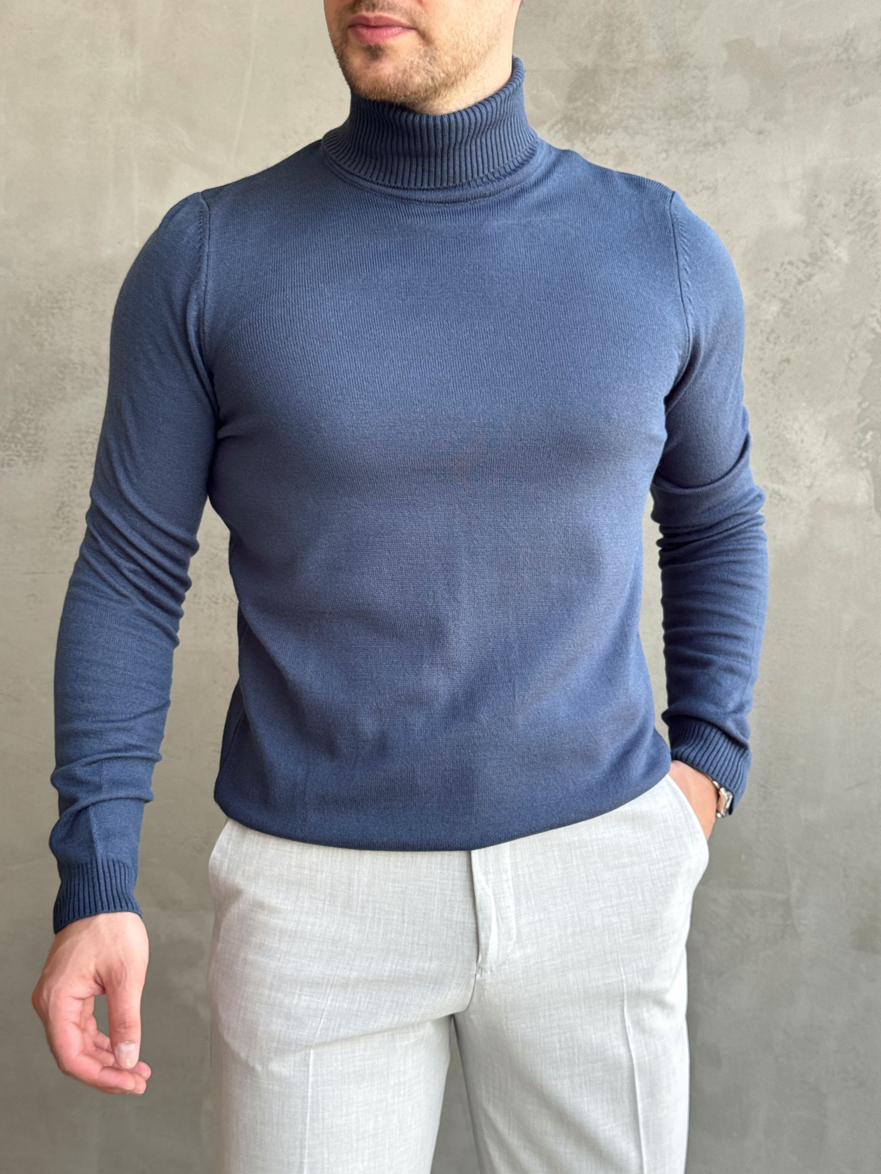 Erkek Yeni Sezon Slim Fit Kalıp Balıkçı Yaka Triko Kazak-İndigo(E1793)Ketench