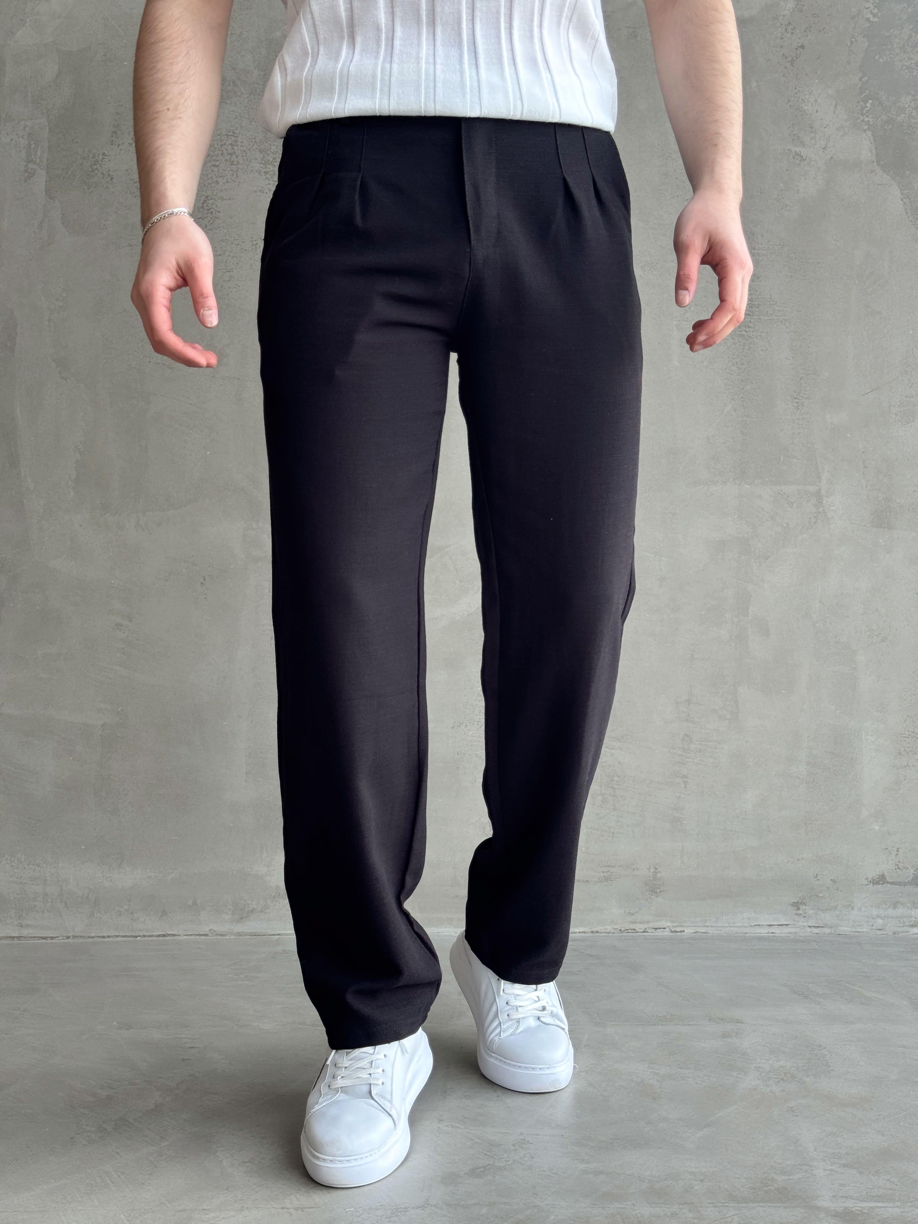 Erkek Yüksek Kalite Beli Lastik Detaylı Pileli Baggy Kalıp Keten Pantolon-Siyah(E1617)Ketench