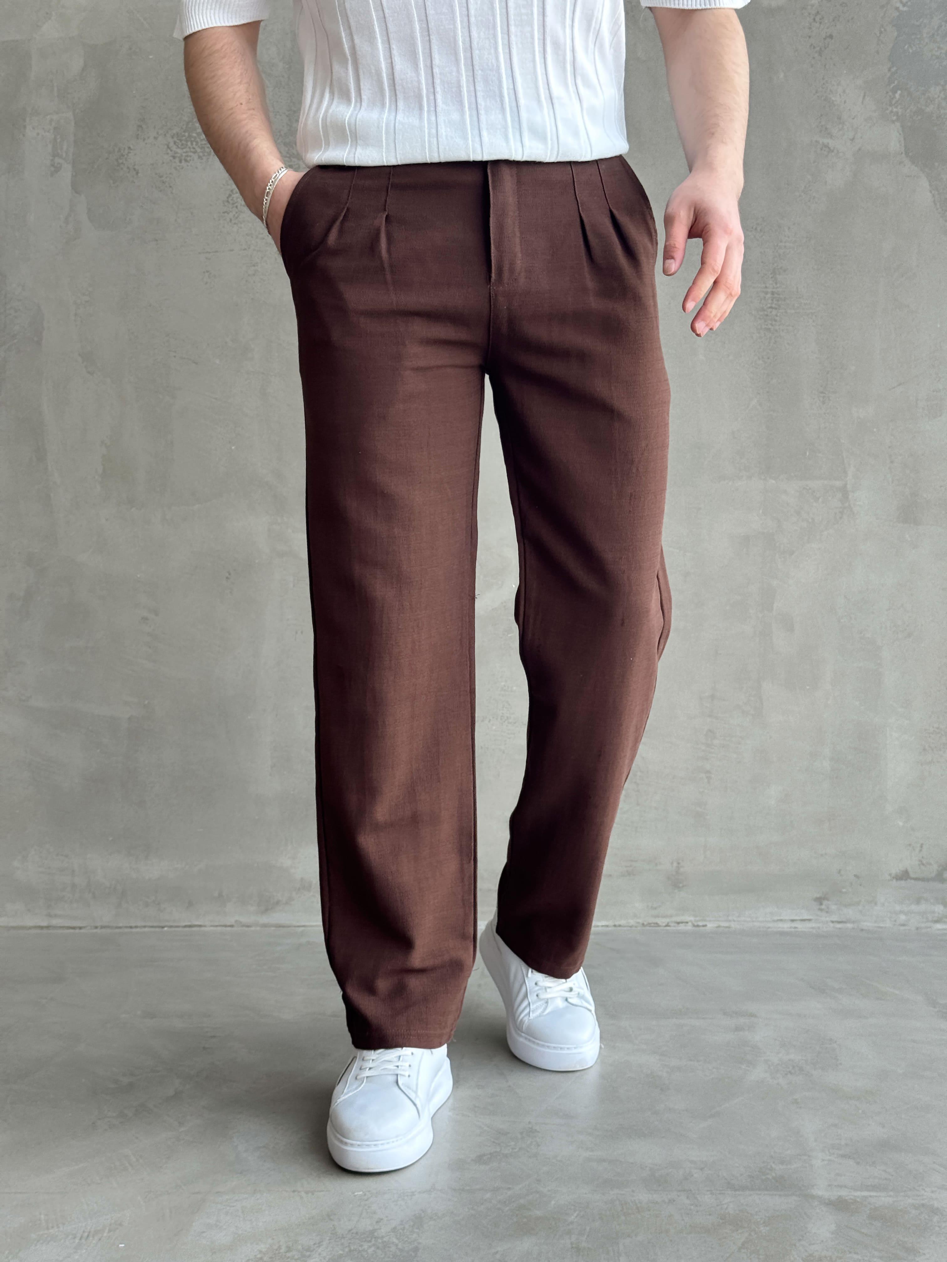 Erkek Yüksek Kalite Beli Lastik Detaylı Pileli Baggy Kalıp Keten Pantolon-Kahverengi(E1617)Ketench