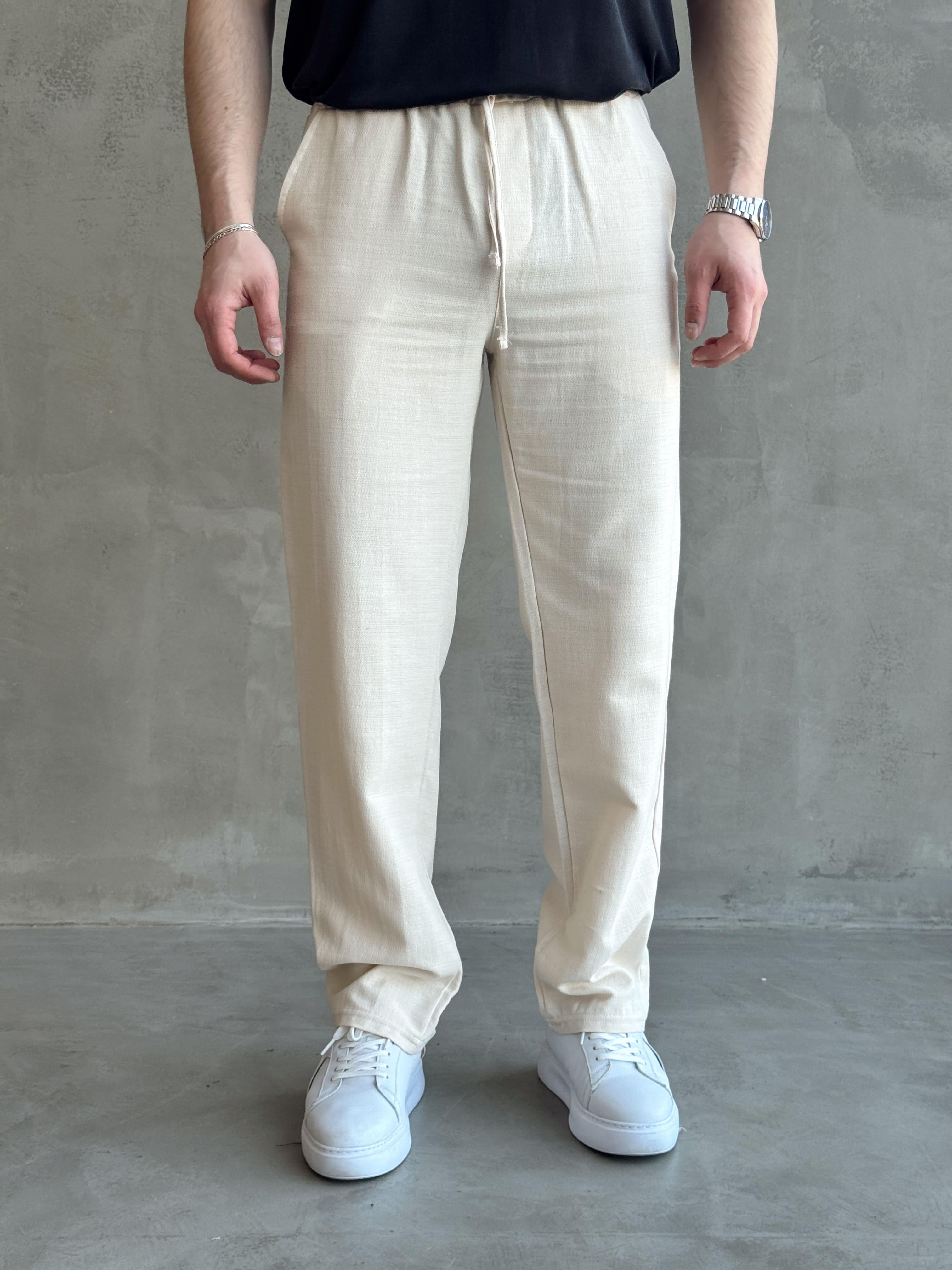 Erkek Yüksek Kalite Beli Lastikli Bağcık Detay Baggy Kalıp Keten Karışımlı Pantolon-Bej(E1621)Ketench