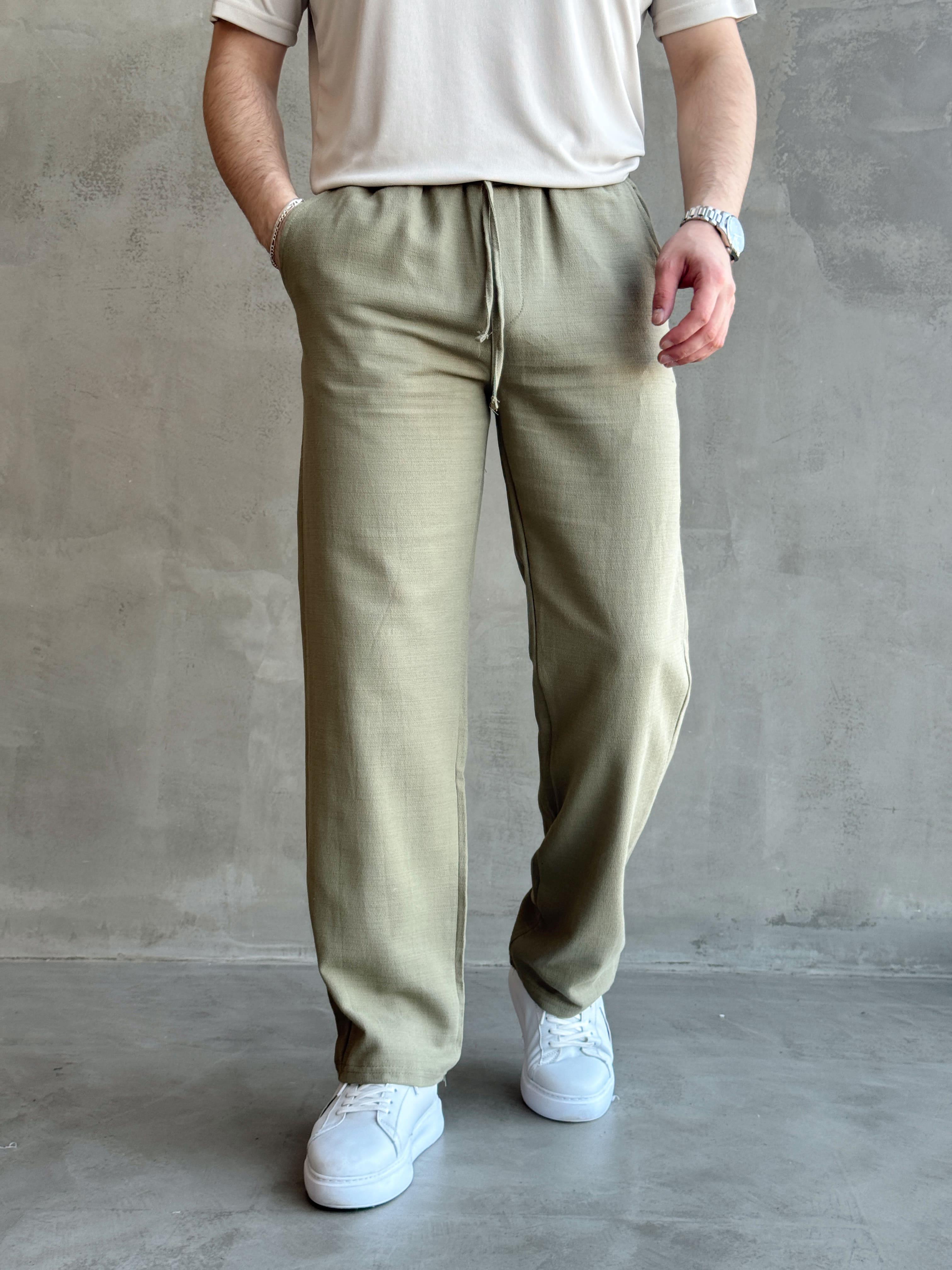 Erkek Yüksek Kalite Beli Lastikli Bağcık Detay Baggy Kalıp Keten Karışımlı Pantolon-Haki(E1621)Ketench