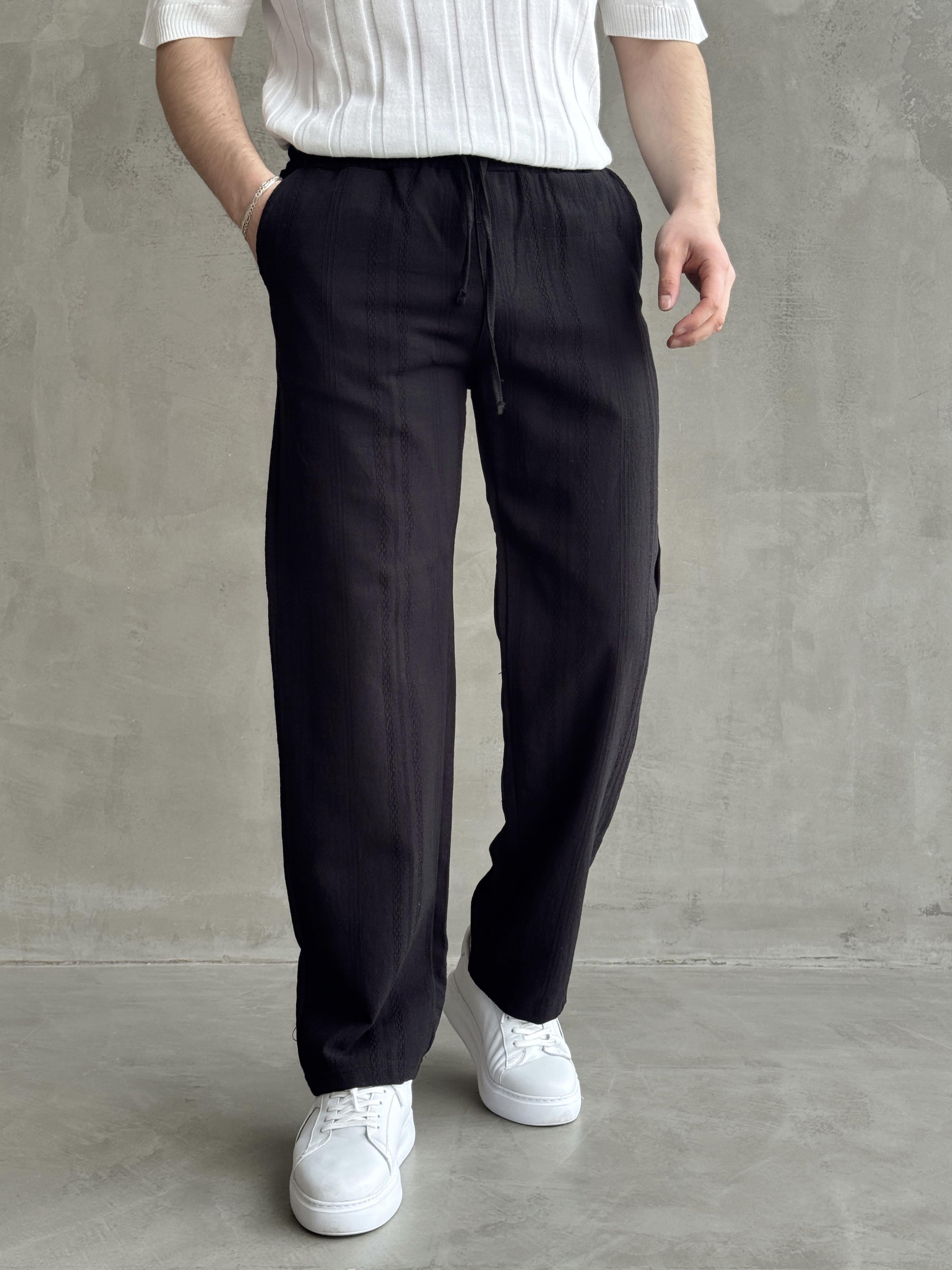Erkek Yüksek Kalite Beli Lastikli Baggy Kalıp Halat Desenli Keten Pantolon-Siyah(E1623)Ketench