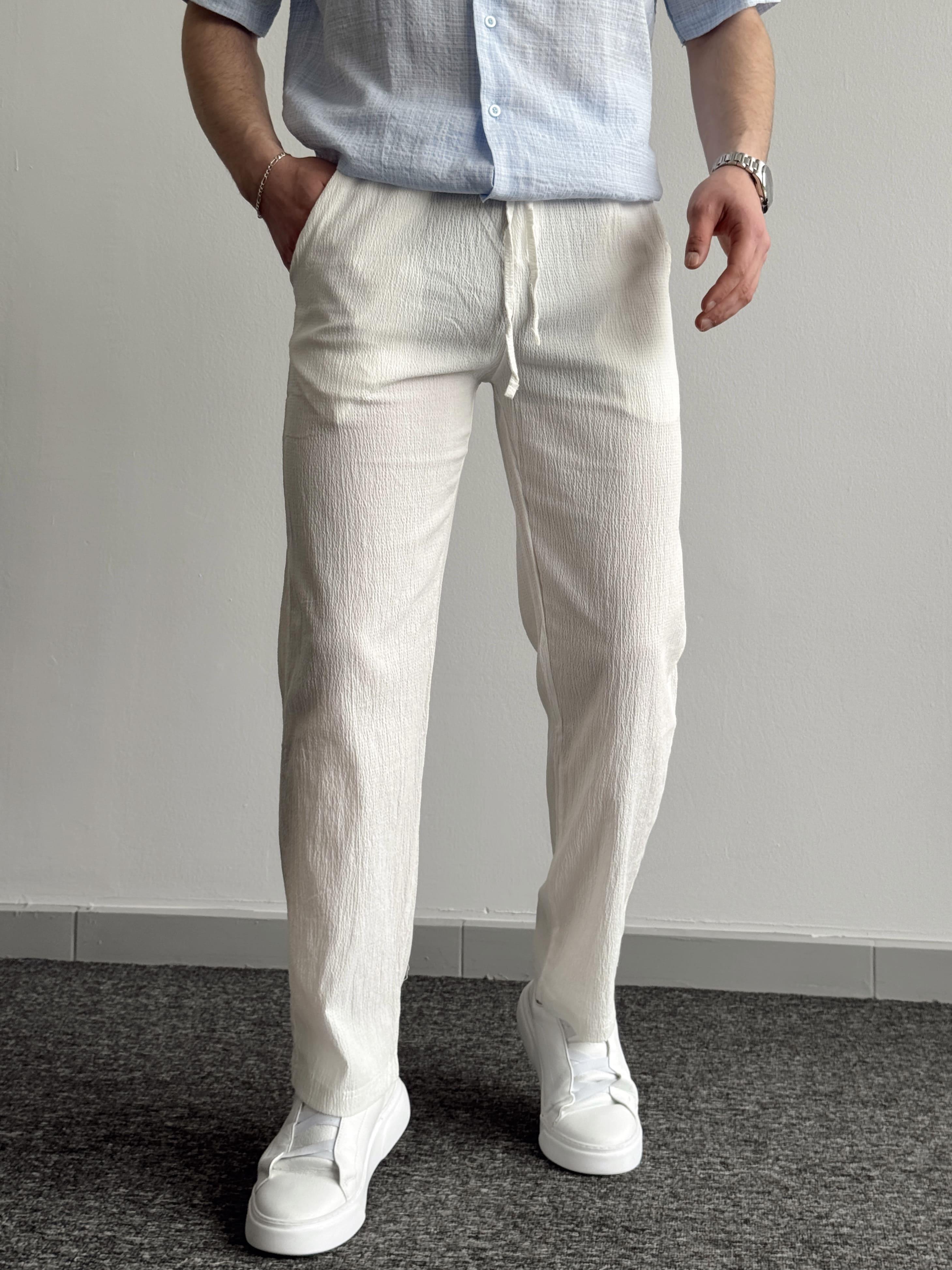 Erkek Yüksek Kalite Beli Lastikli Baggy Kalıp Pile Detaylı Krinkıl Kumaş Pantolon-Beyaz(E1329)Ketench