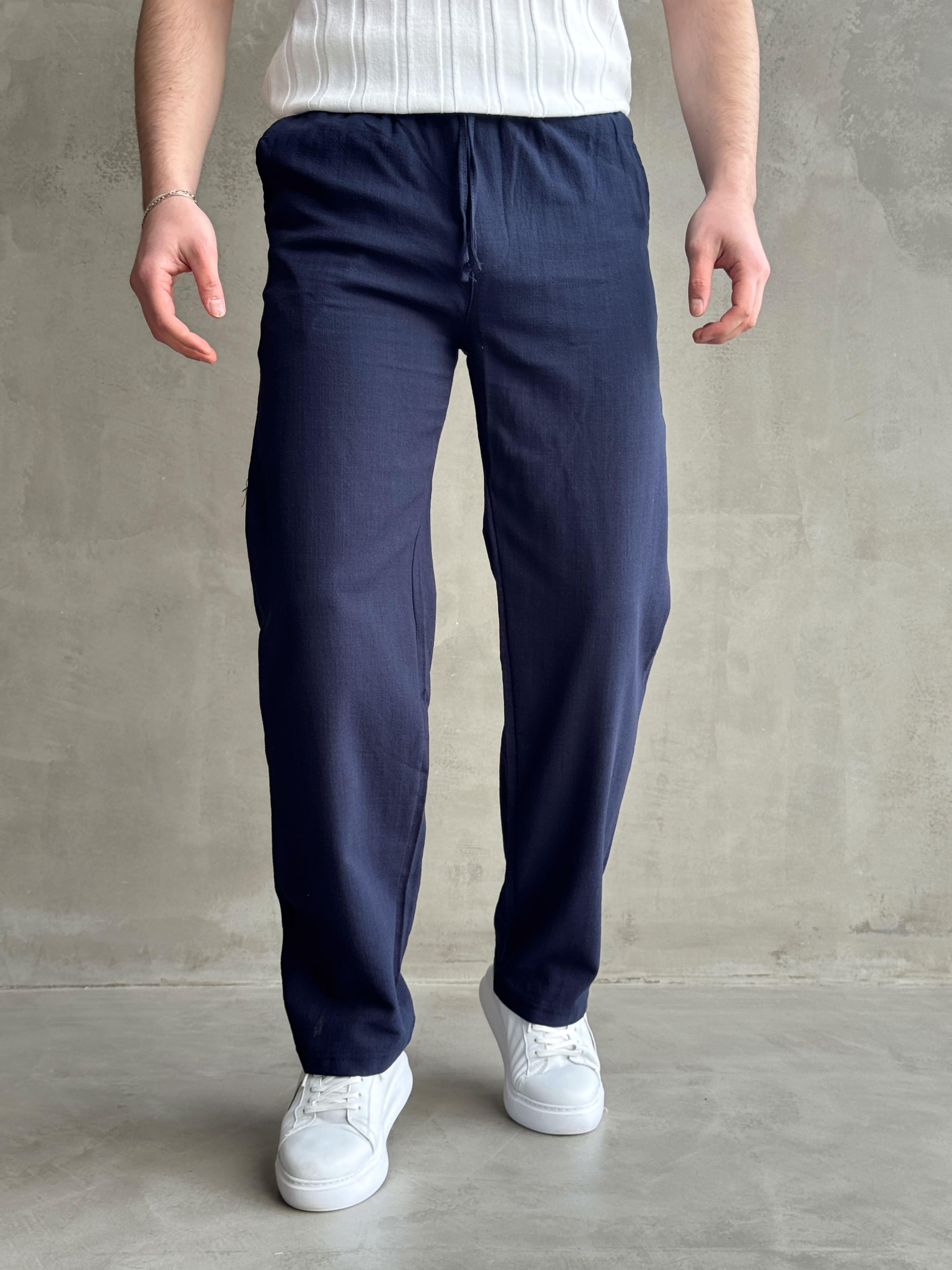 Erkek Yüksek Kalite Beli Lastikli Baggy Kalıp Flamlı Keten Pantolon-Lacivert(E1616)Ketench