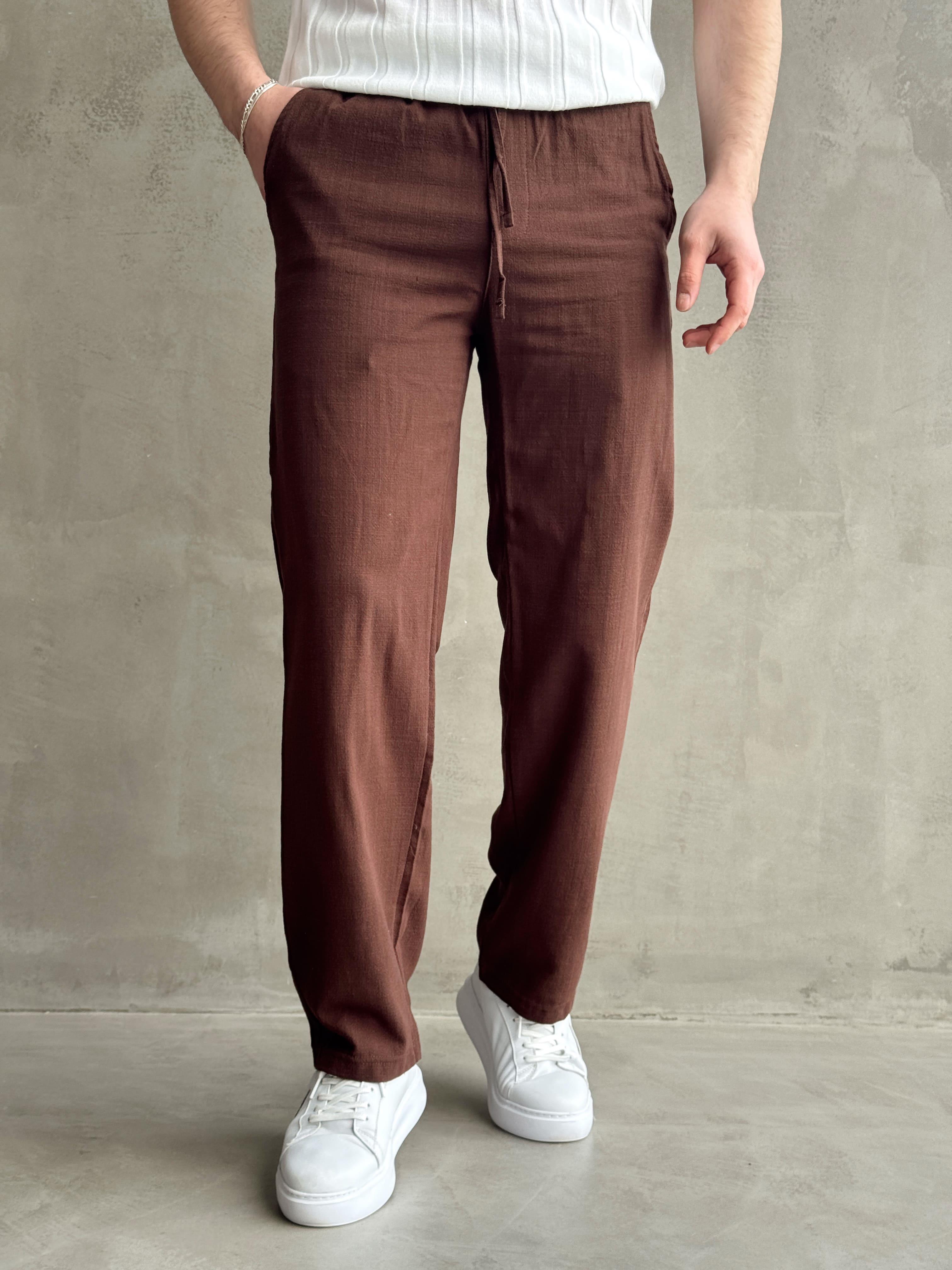 Erkek Yüksek Kalite Beli Lastikli Baggy Kalıp Flamlı Keten Pantolon-Kahverengi(E1616)Ketench