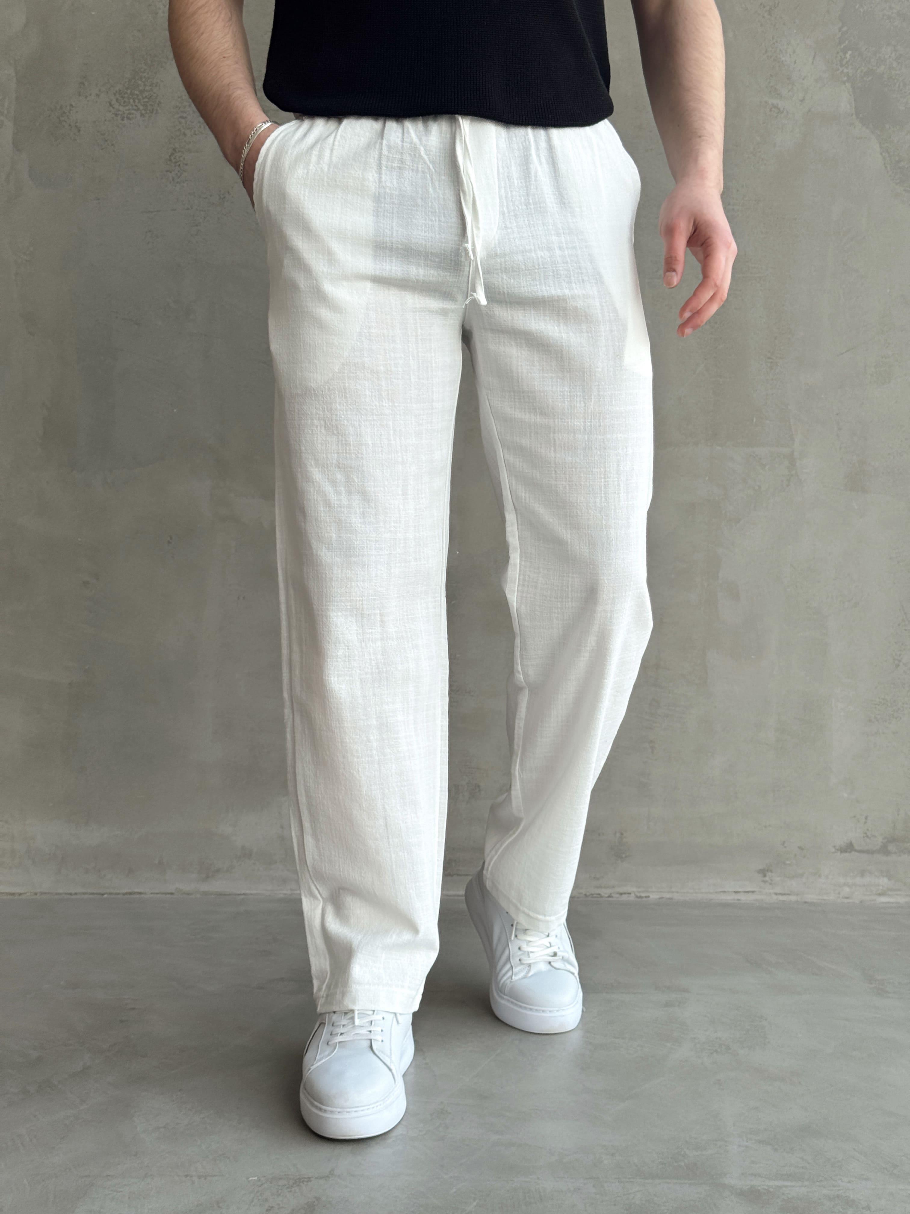 Erkek Yüksek Kalite Beli Lastikli Baggy Kalıp Flamlı Keten Pantolon-Beyaz(E1616)Ketench