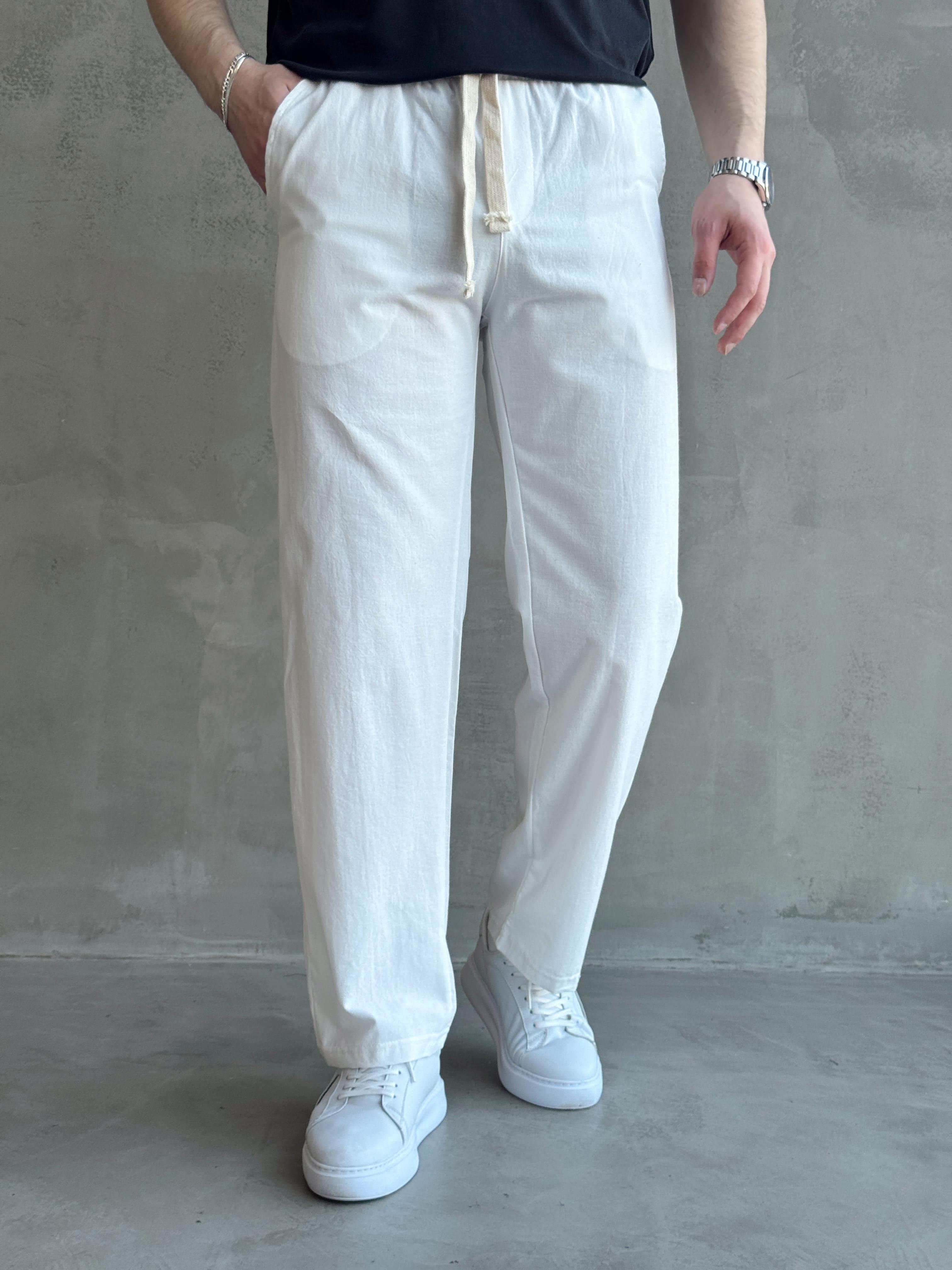 Erkek Yüksek Kalite Beli Lastikli Baggy Kalıp Keten Karışımlı Pantolon-Beyaz(E1618)Ketench