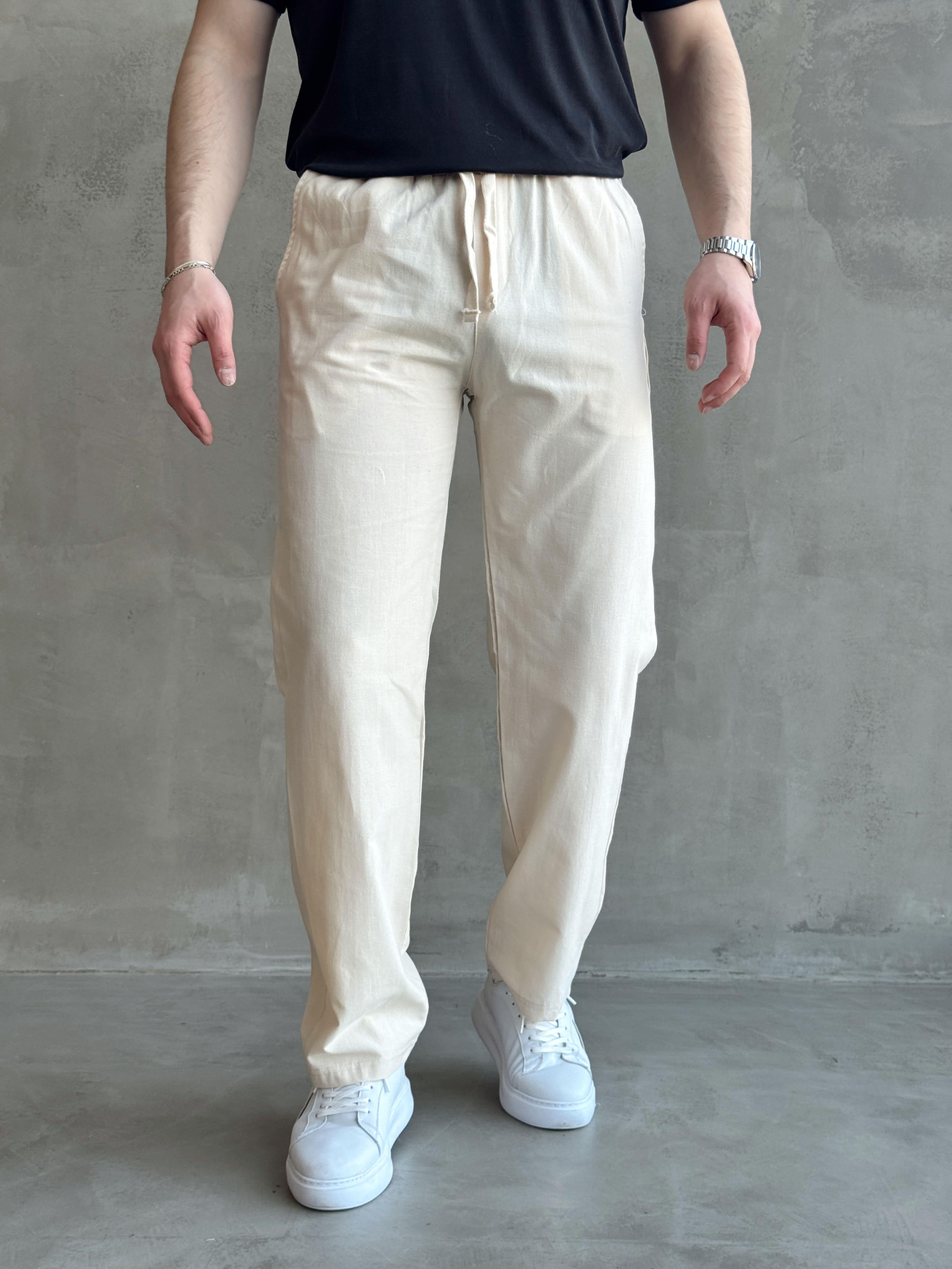 Erkek Yüksek Kalite Beli Lastikli Baggy Kalıp Keten Karışımlı Pantolon-Bej(E1618)Ketench