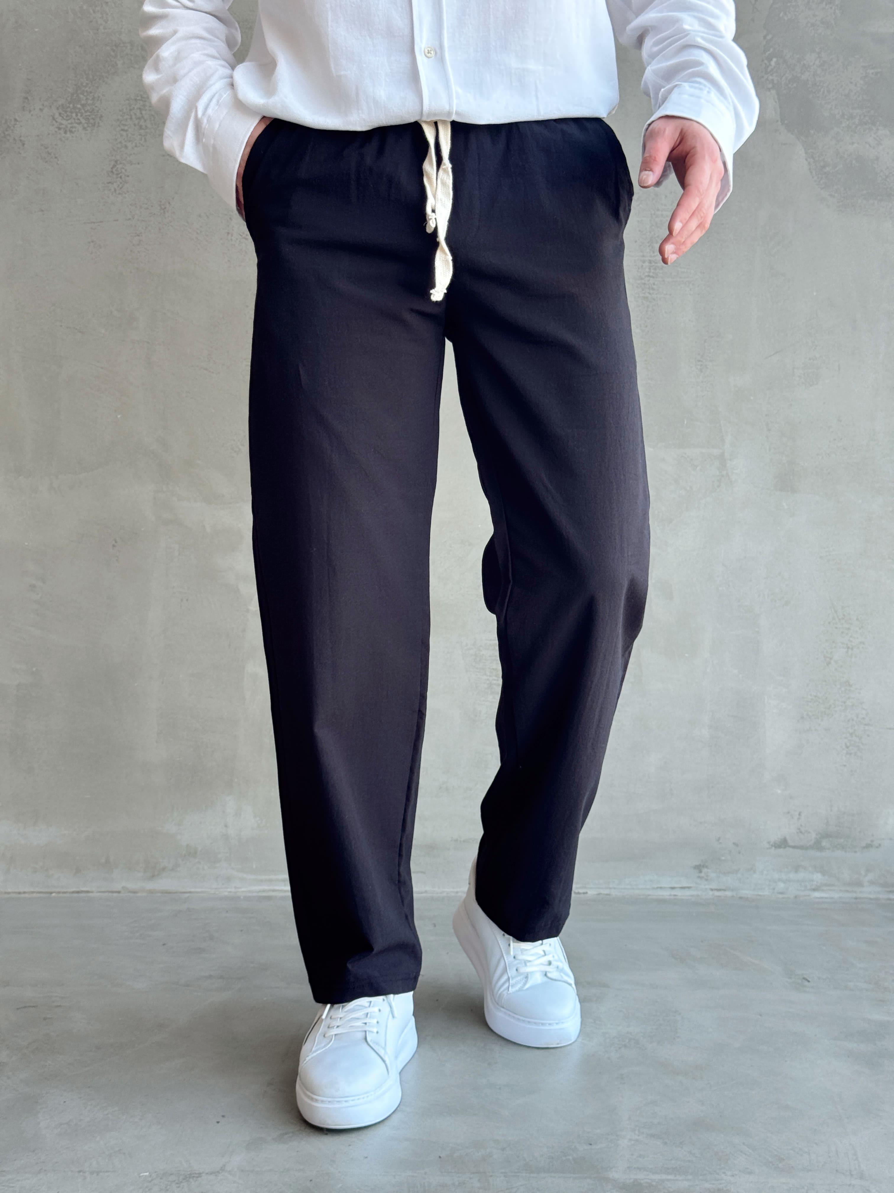 Erkek Yüksek Kalite Beli Lastikli Baggy Kalıp Keten Karışımlı Pantolon-Siyah(E1618)Ketench