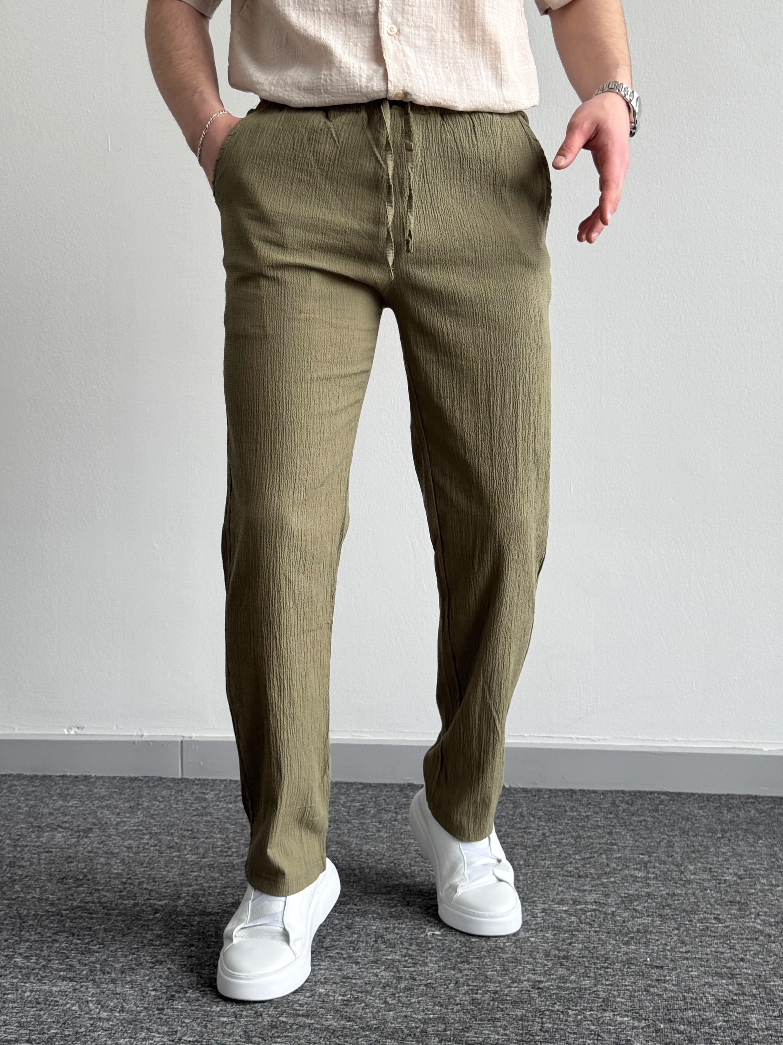 Erkek Yüksek Kalite Beli Lastikli Baggy Kalıp Pile Detaylı Krinkıl Kumaş Pantolon-Haki(E1329)Ketench