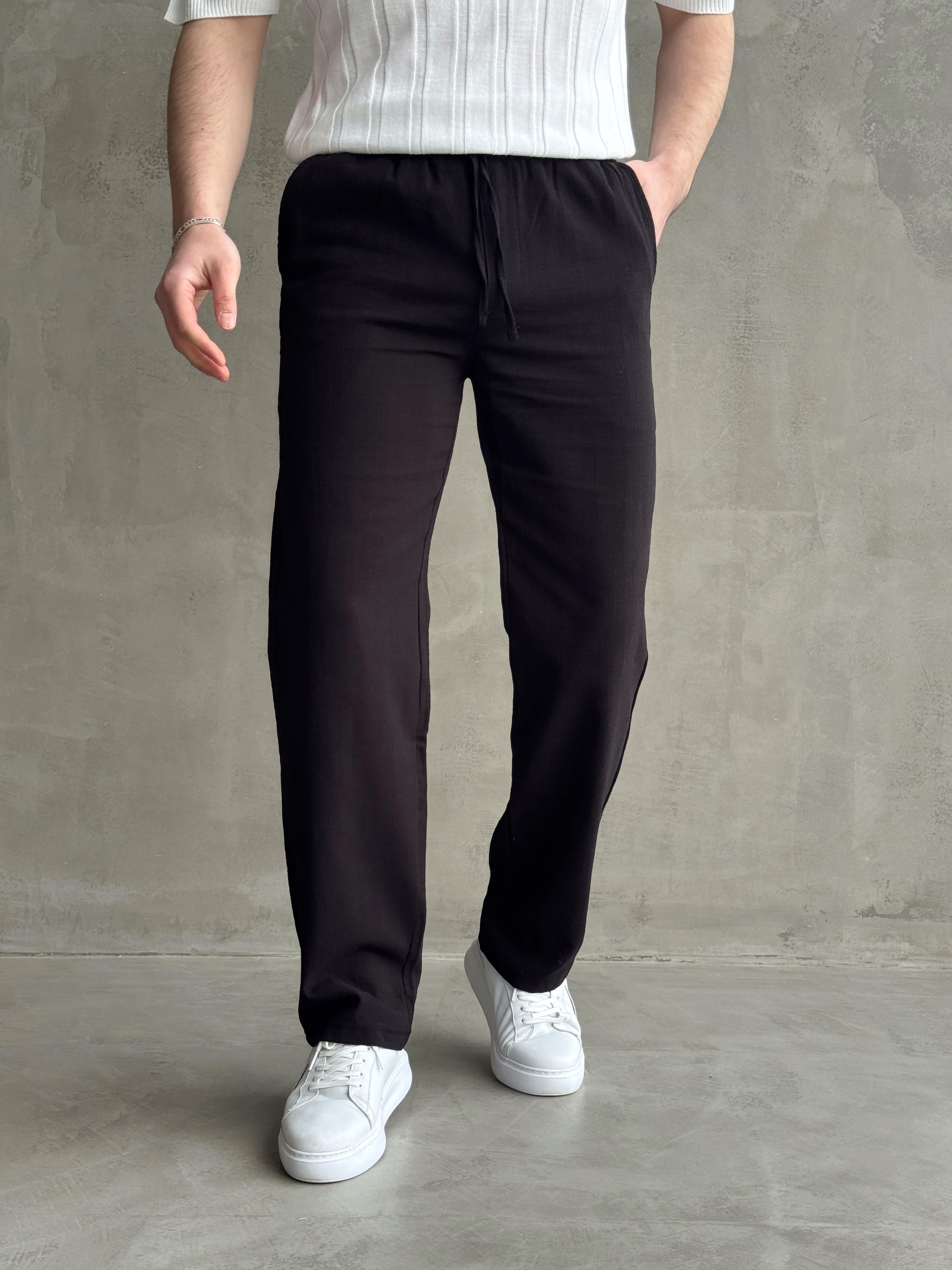 Erkek Yüksek Kalite Beli Lastikli Baggy Kalıp Flamlı Keten Pantolon-Siyah(E1616)Ketench