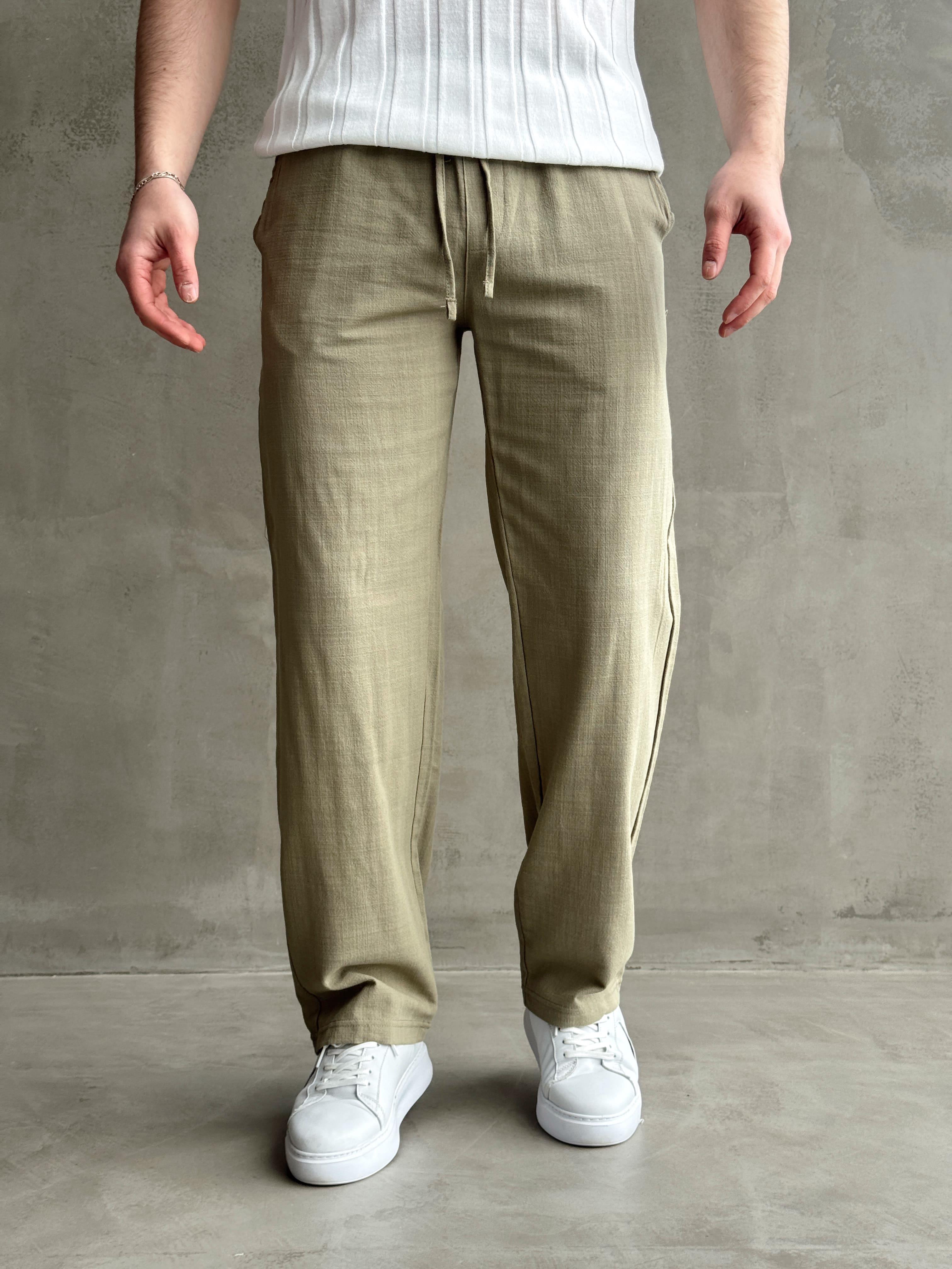 Erkek Yüksek Kalite Beli Lastikli Baggy Kalıp Flamlı Keten Pantolon-Haki(E1616)Ketench