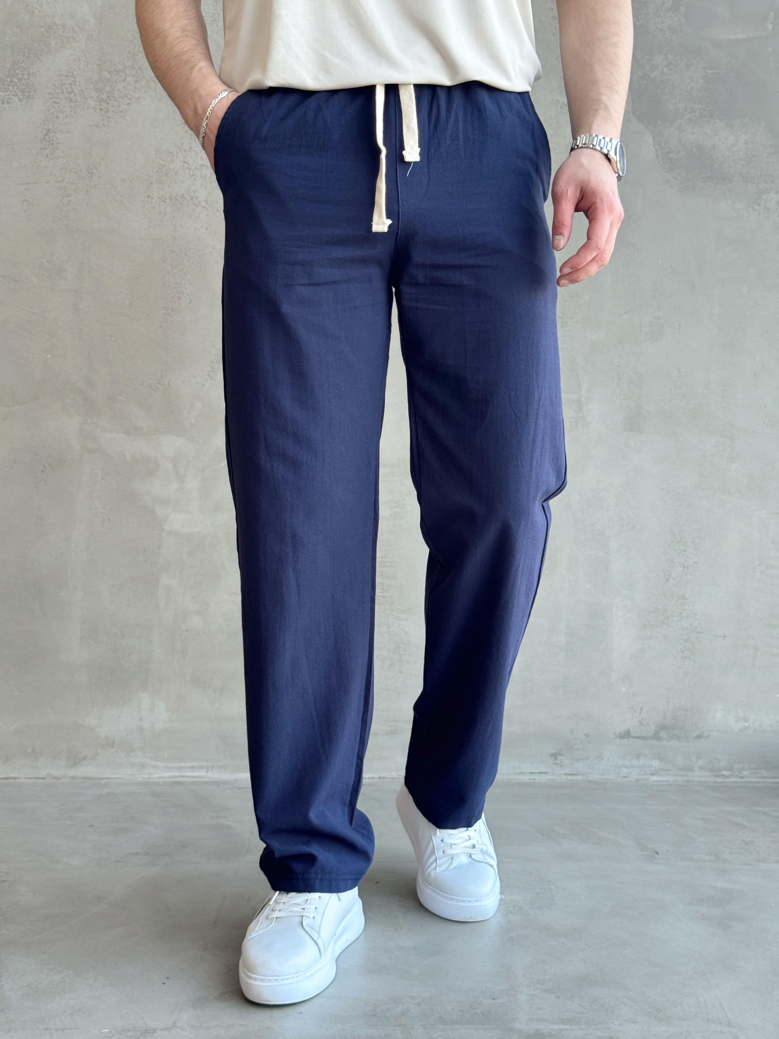 Erkek Yüksek Kalite Beli Lastikli Baggy Kalıp Keten Karışımlı Pantolon-Lacivert(E1618)Ketench