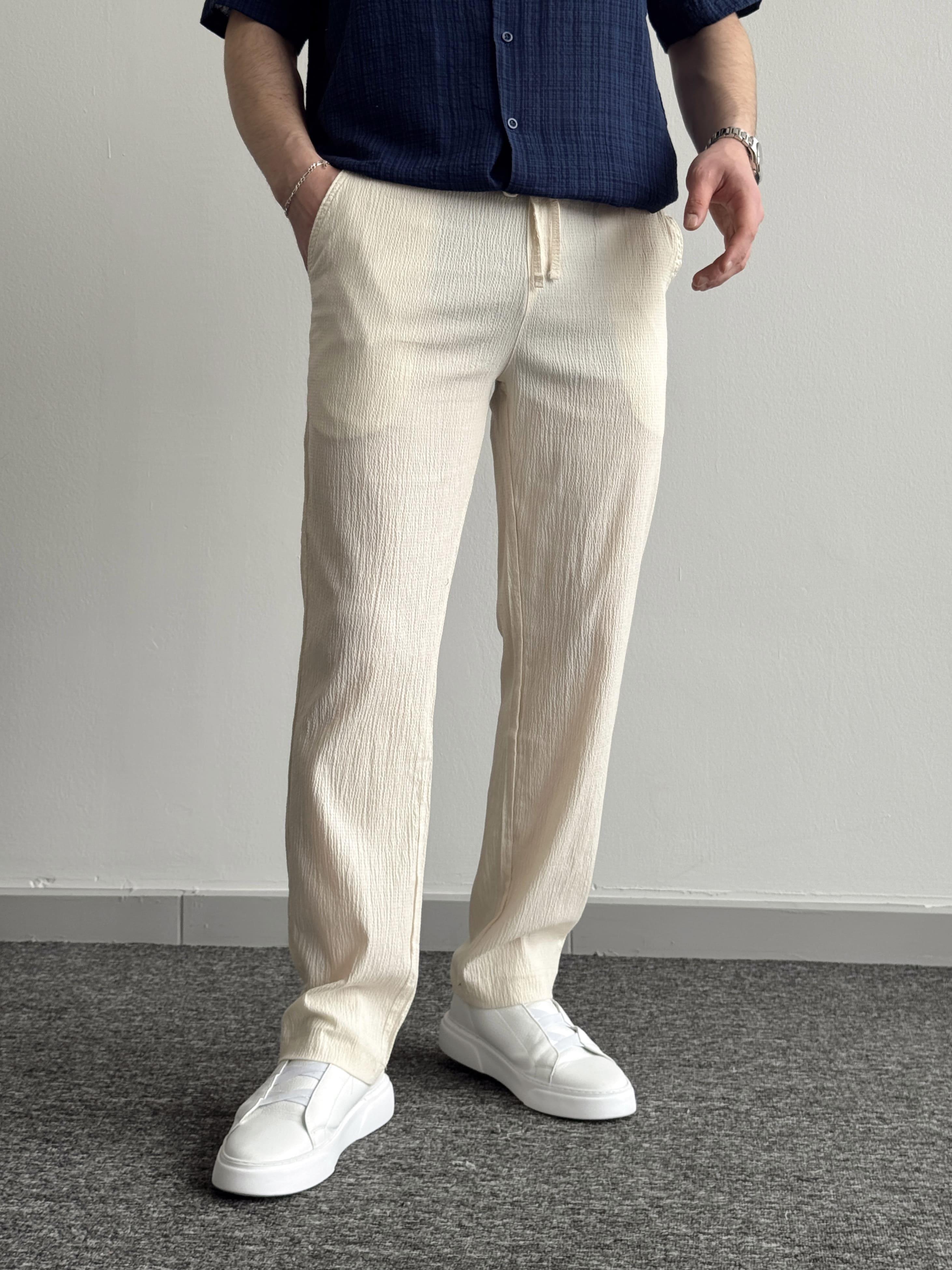 Erkek Yüksek Kalite Beli Lastikli Baggy Kalıp Pile Detaylı Krinkıl Kumaş Pantolon-Bej(E1329)Ketench