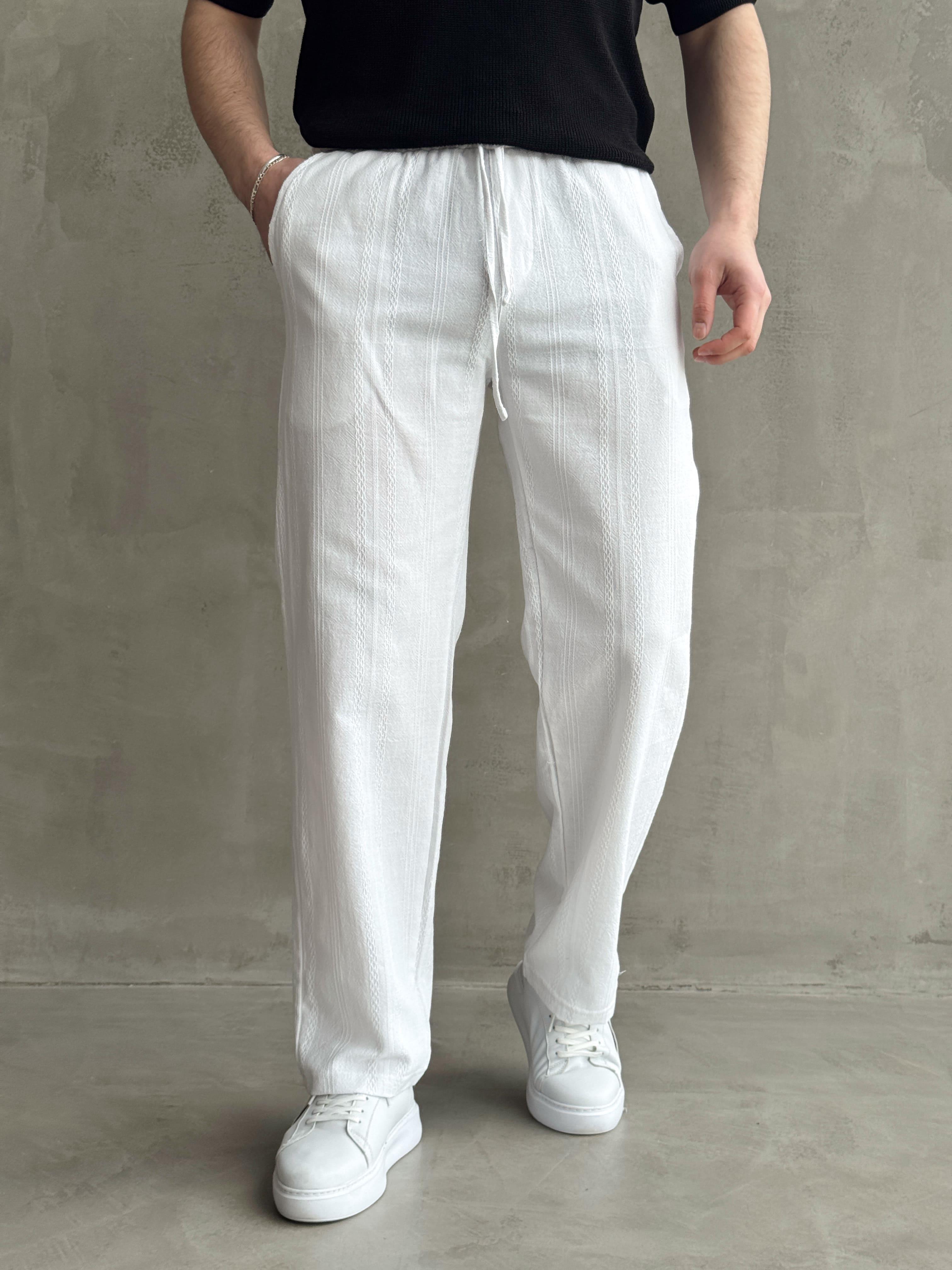 Erkek Yüksek Kalite Beli Lastikli Baggy Kalıp Halat Desenli Keten Pantolon-Beyaz(E1623)Ketench