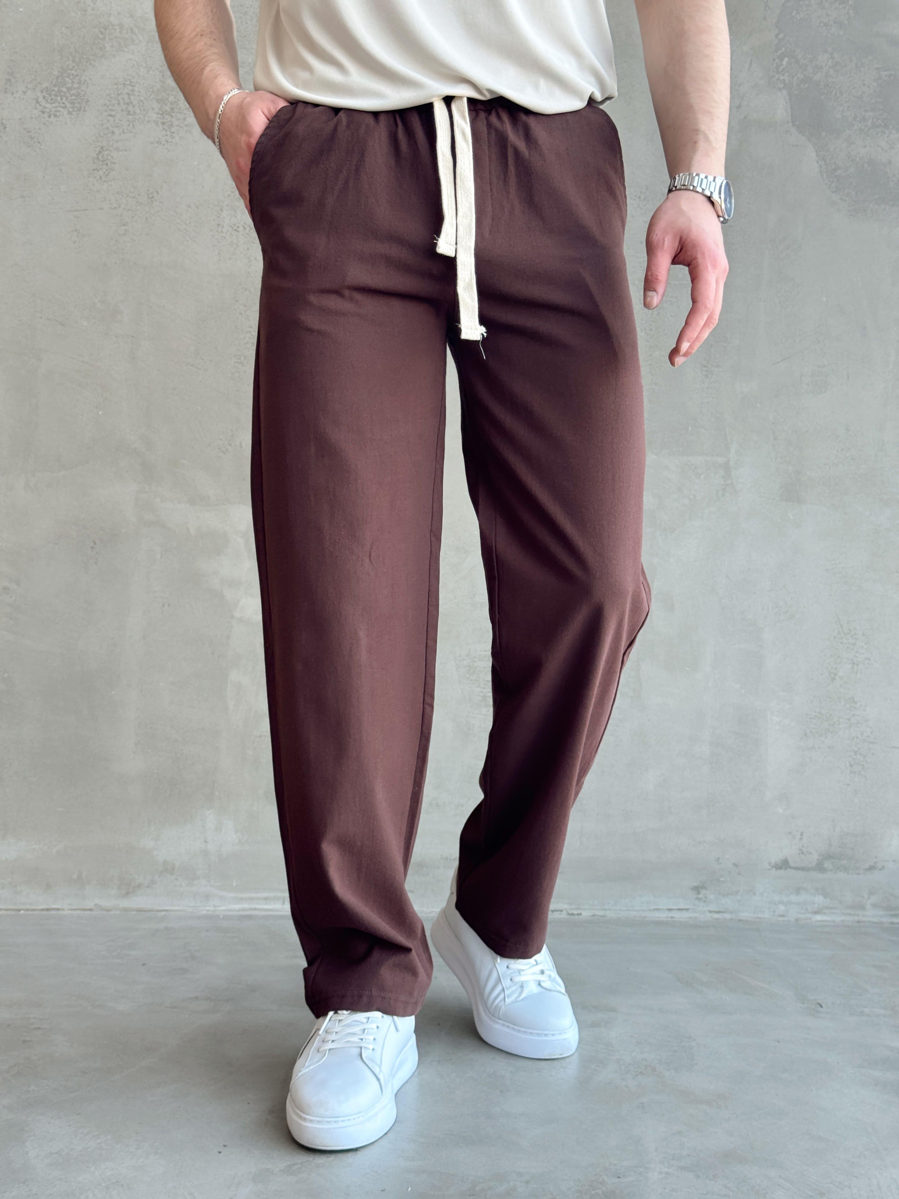Erkek Yüksek Kalite Beli Lastikli Baggy Kalıp Keten Karışımlı Pantolon-Kahverengi(E1618)Ketench