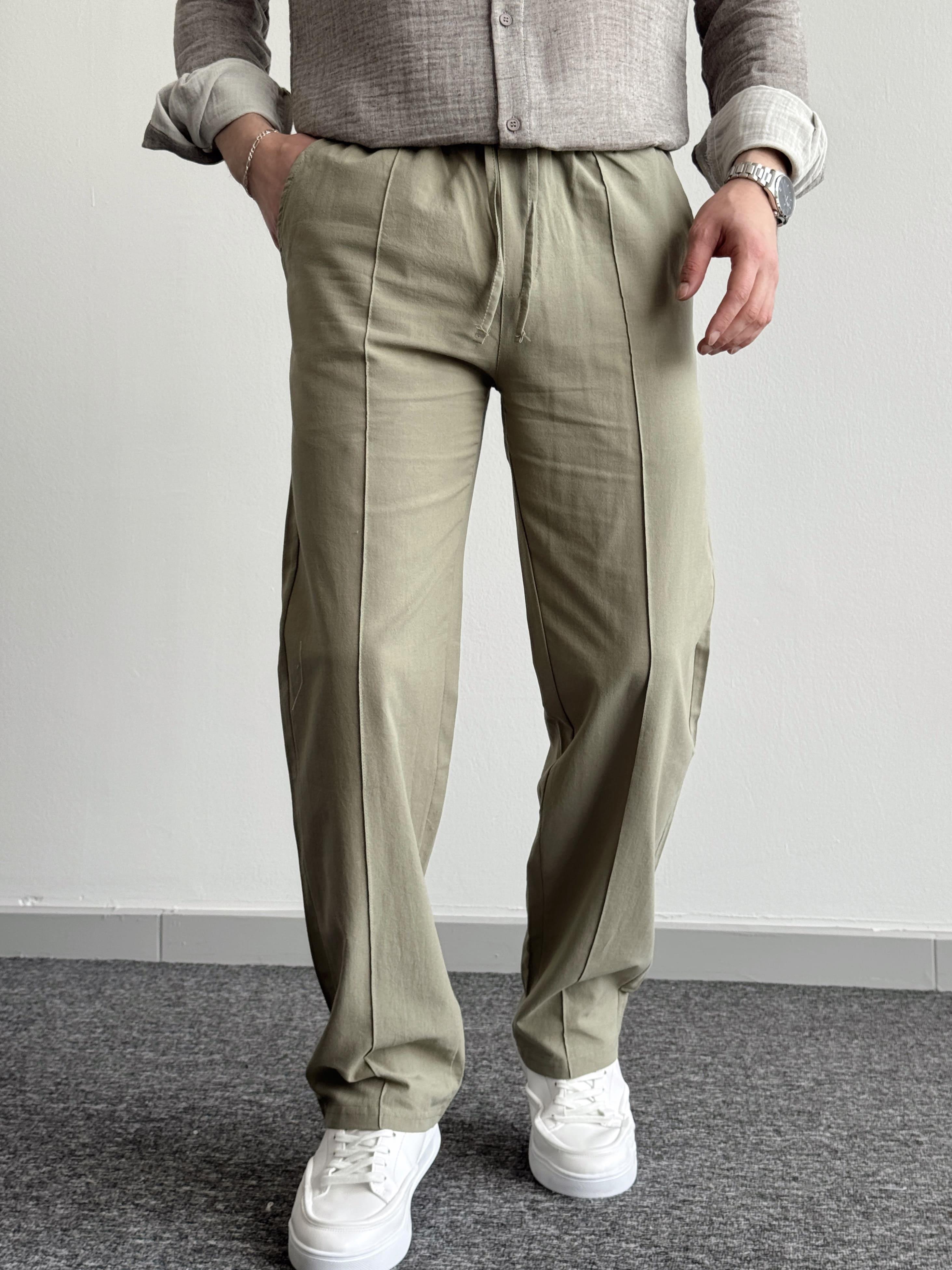 Erkek Yüksek Kalite Beli Lastikli Çimalı Baggy Kalıp Keten Pantolon-Haki(E1350)Ketench