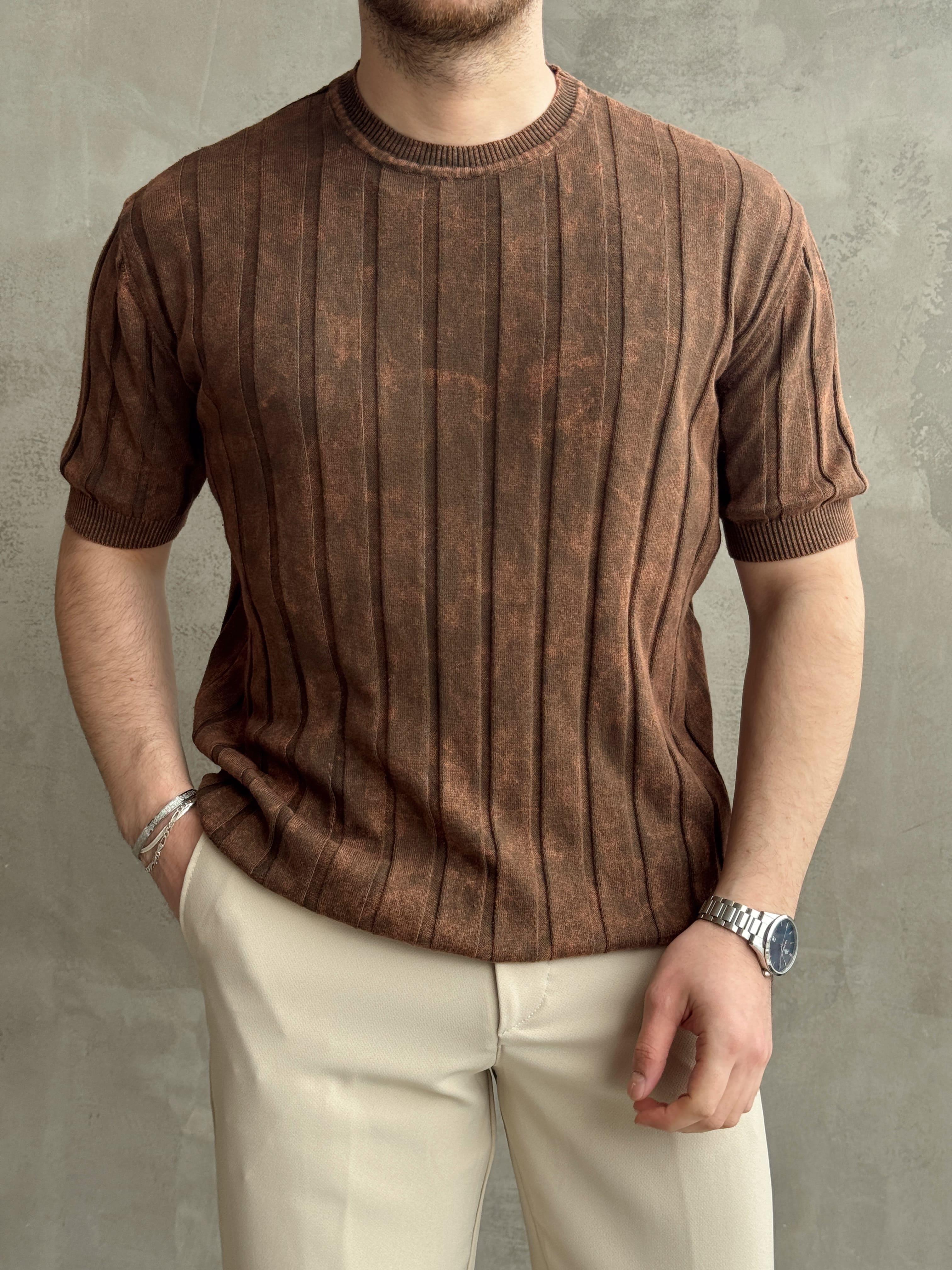 Erkek Yüksek Kalite Bisiklet Yaka Çizgi Detaylı Triko T-Shirt-Kahverengi(E1611)Ketench