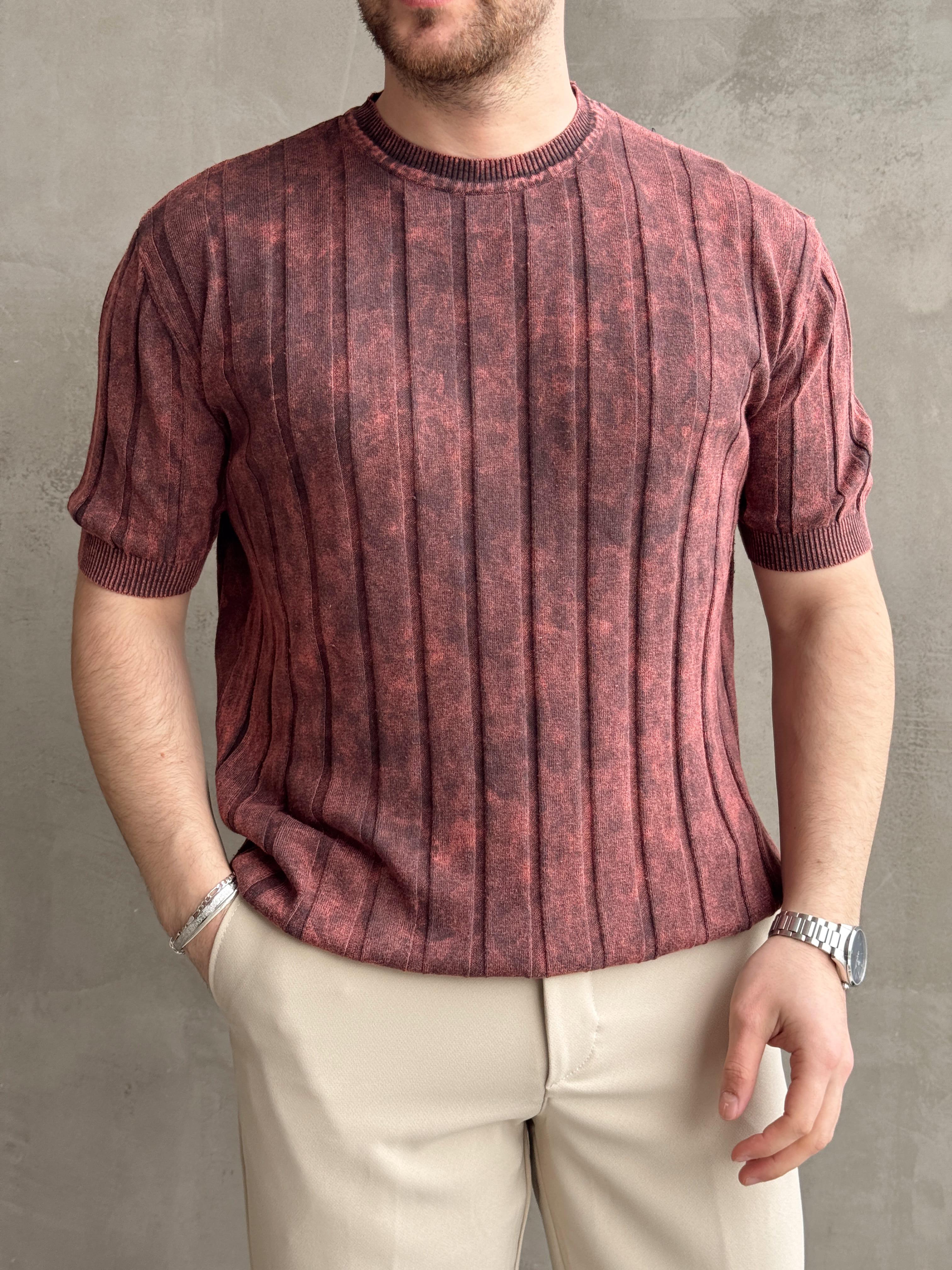 Erkek Yüksek Kalite Bisiklet Yaka Çizgi Detaylı Triko T-Shirt-Bordo(E1611)Ketench