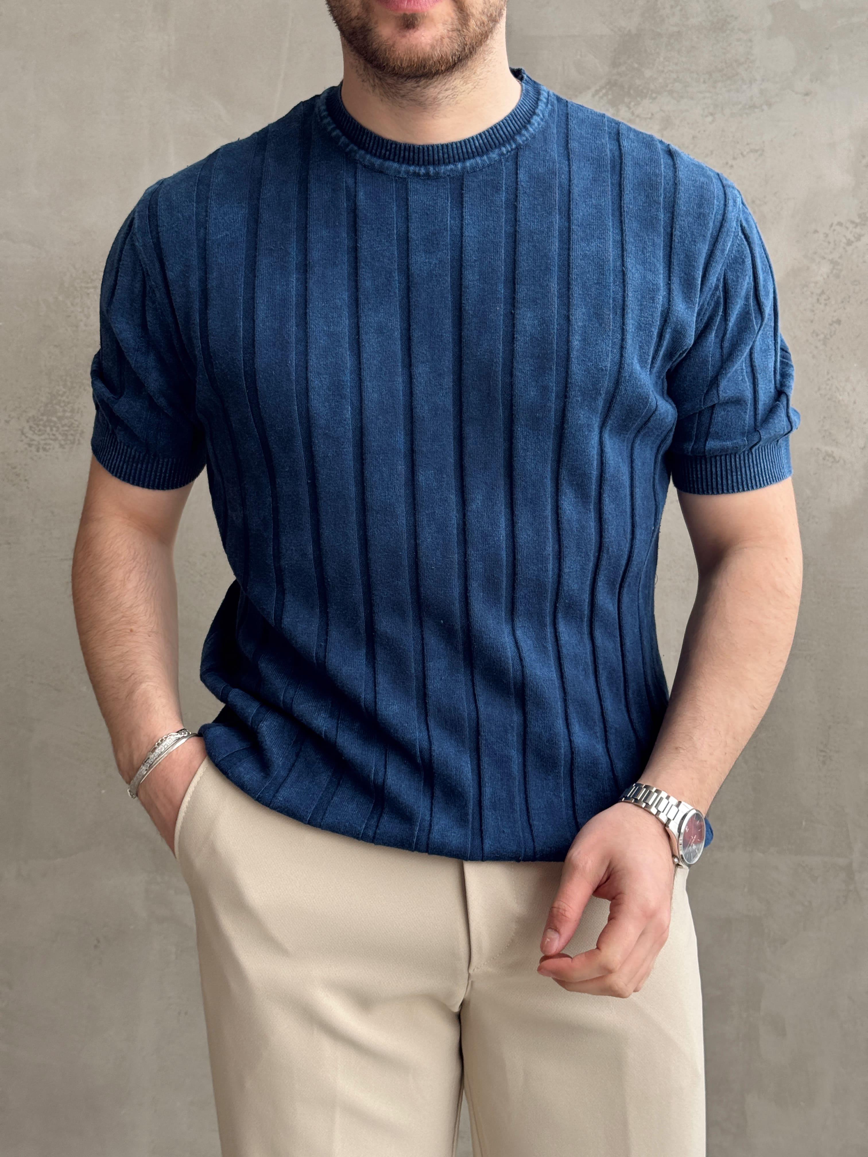Erkek Yüksek Kalite Bisiklet Yaka Çizgi Detaylı Triko T-Shirt-Lacivert(E1611)Ketench