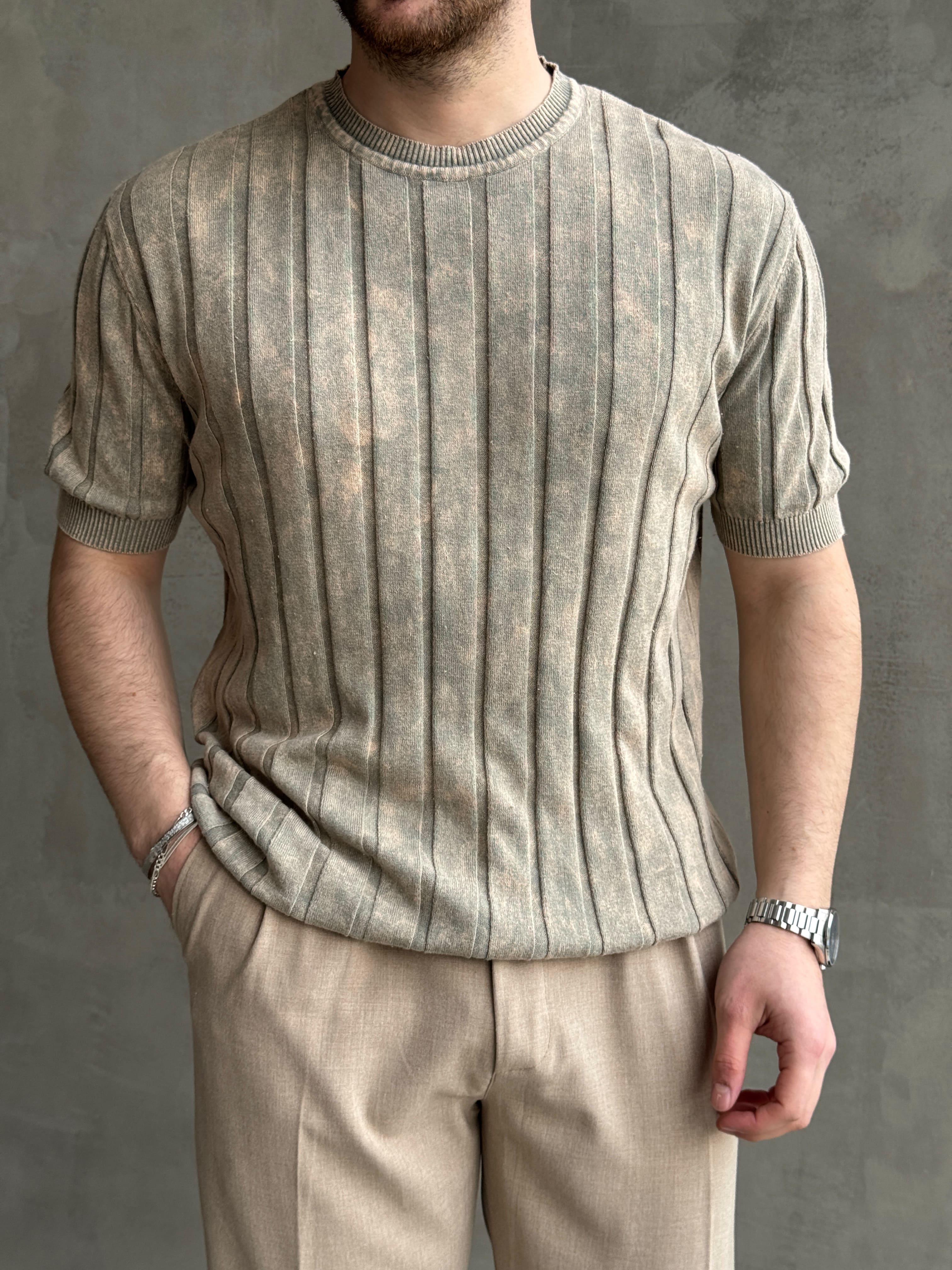 Erkek Yüksek Kalite Bisiklet Yaka Çizgi Detaylı Triko T-Shirt-Bej(E1611)Ketench