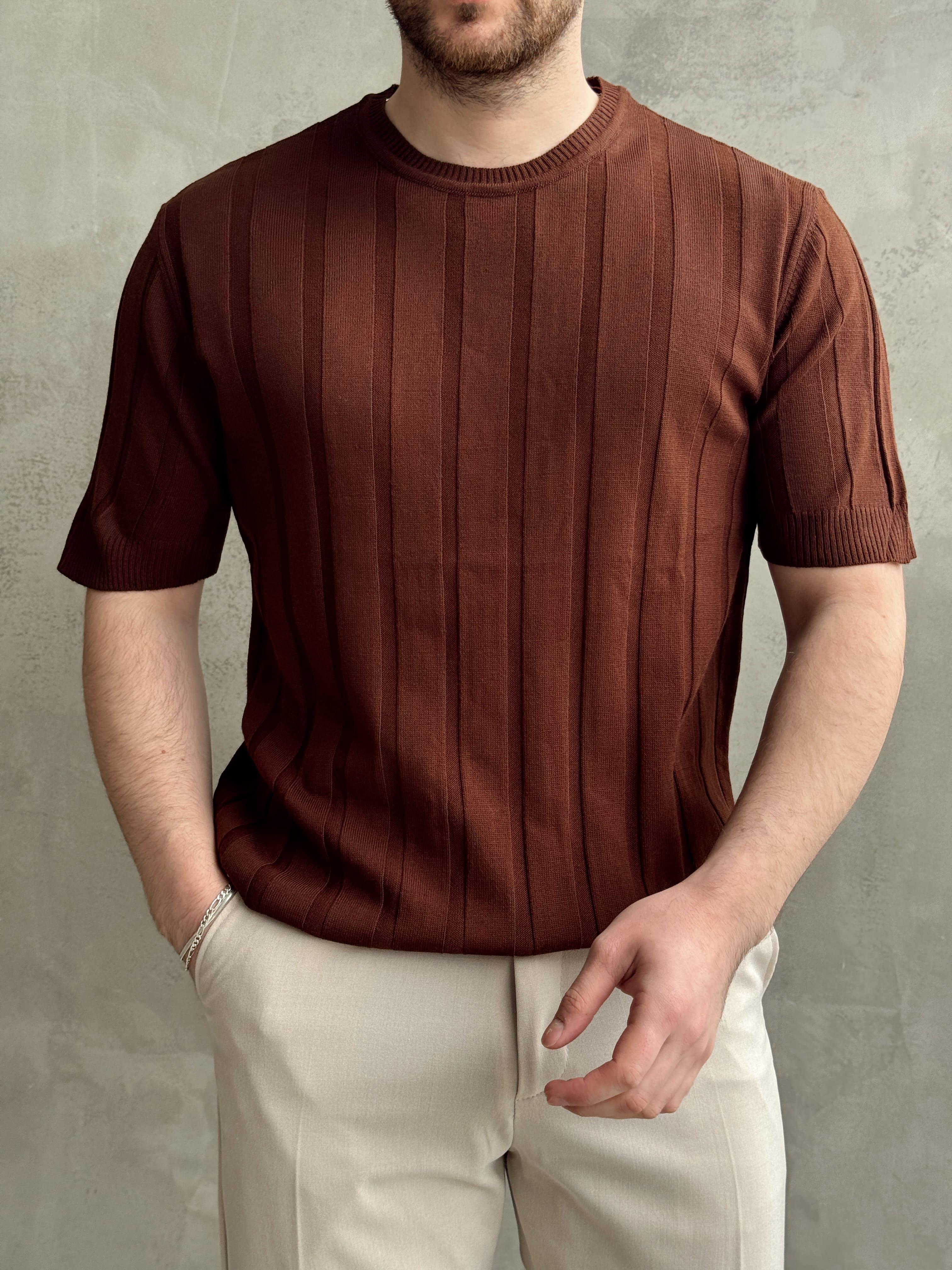 Erkek Yüksek Kalite Bisiklet Yaka Şerit Detaylı Oversize Kalıp Triko T-Shirt-Kahverengi(E1613)Ketench