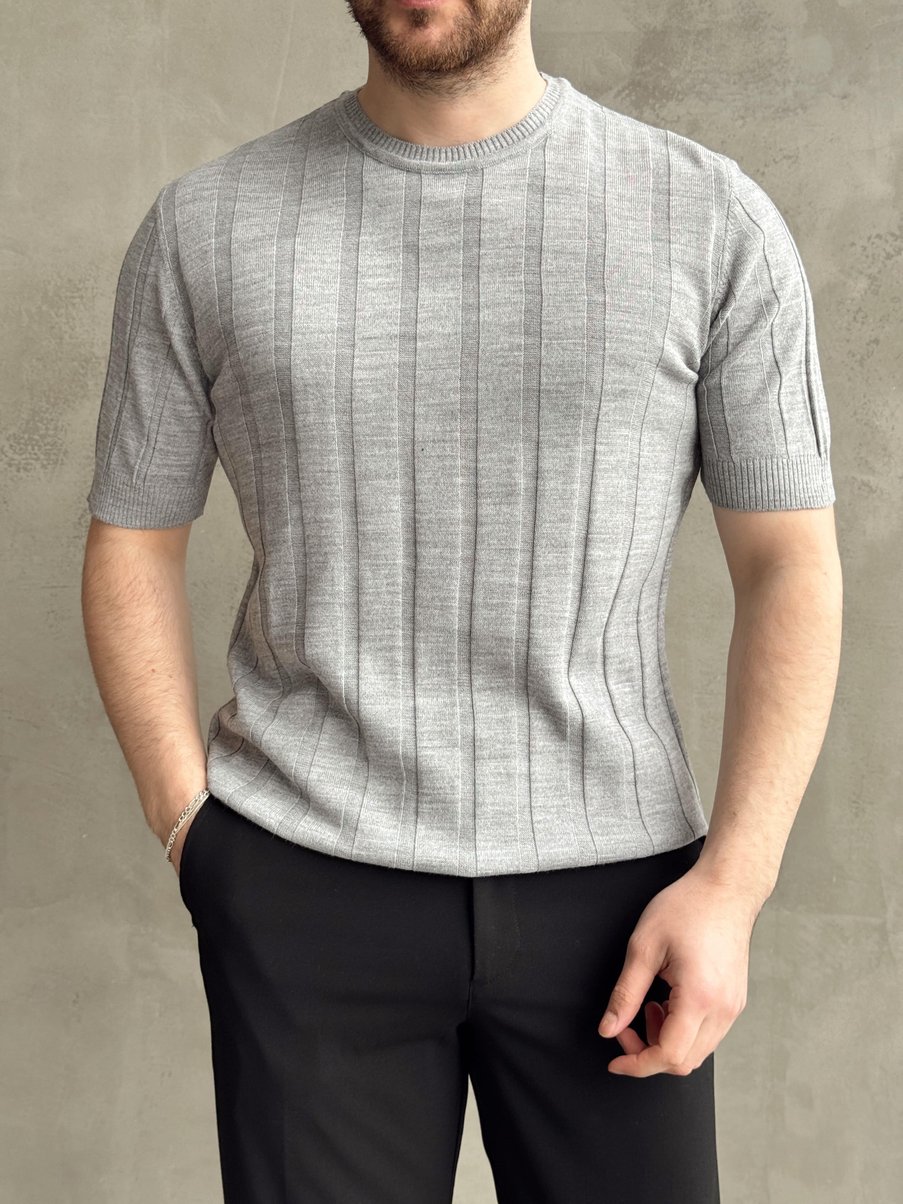 Erkek Yüksek Kalite Bisiklet Yaka Şerit Detaylı Oversize Kalıp Triko T-Shirt-Gri(E1613)Ketench