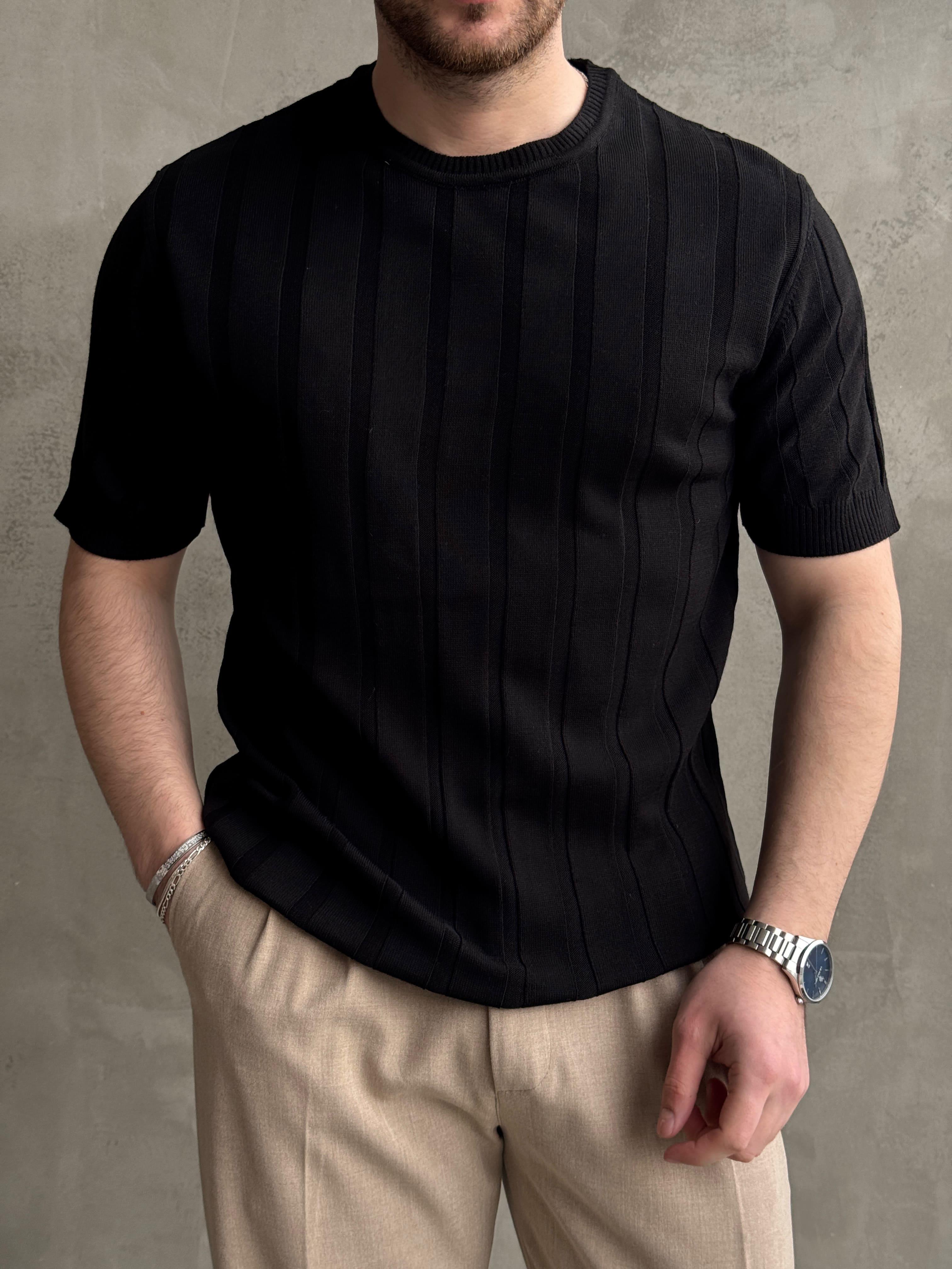 Erkek Yüksek Kalite Bisiklet Yaka Şerit Detaylı Oversize Kalıp Triko T-Shirt-Siyah(E1613)Ketench
