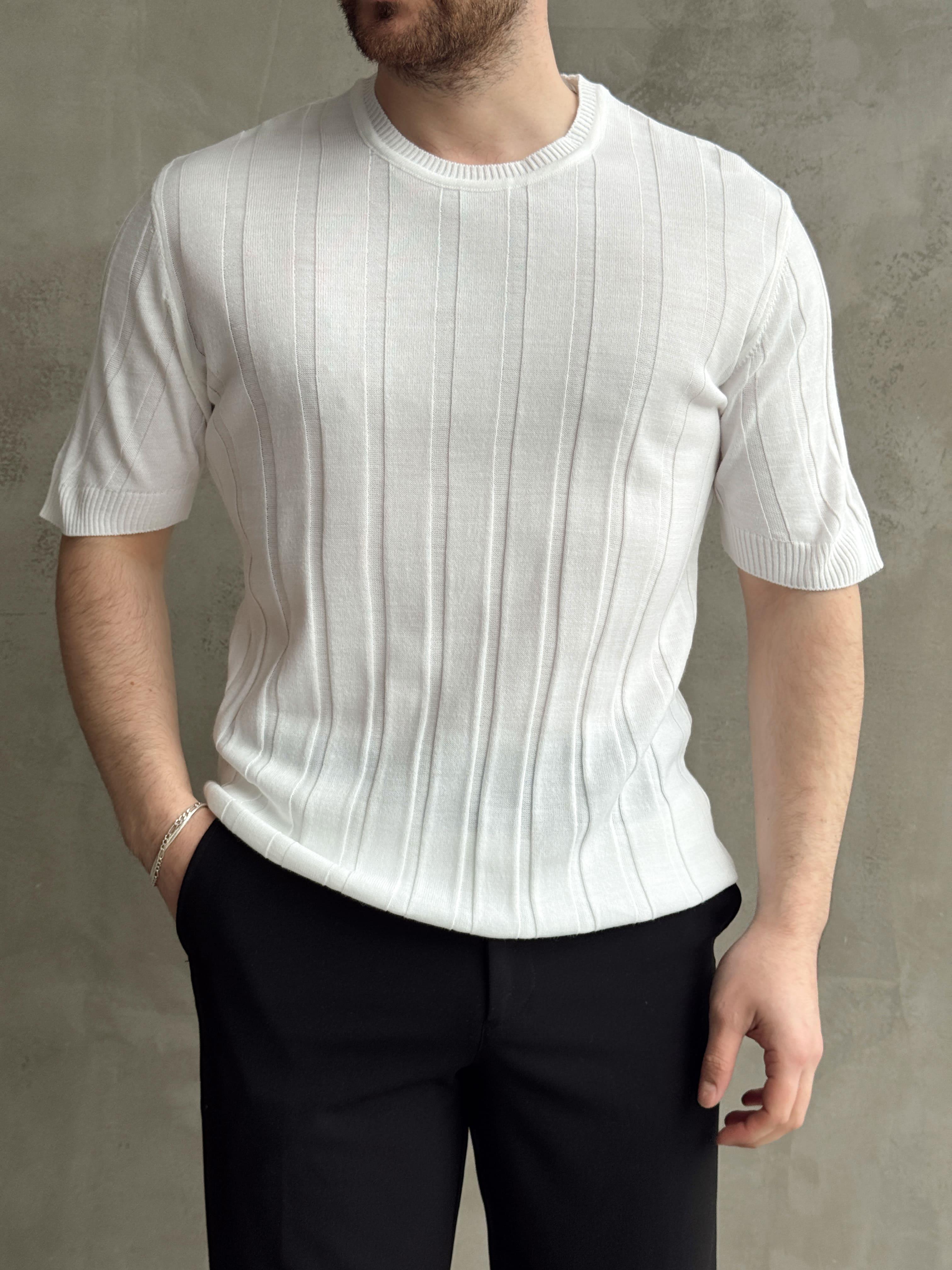 Erkek Yüksek Kalite Bisiklet Yaka Şerit Detaylı Oversize Kalıp Triko T-Shirt-Beyaz(E1613)Ketench