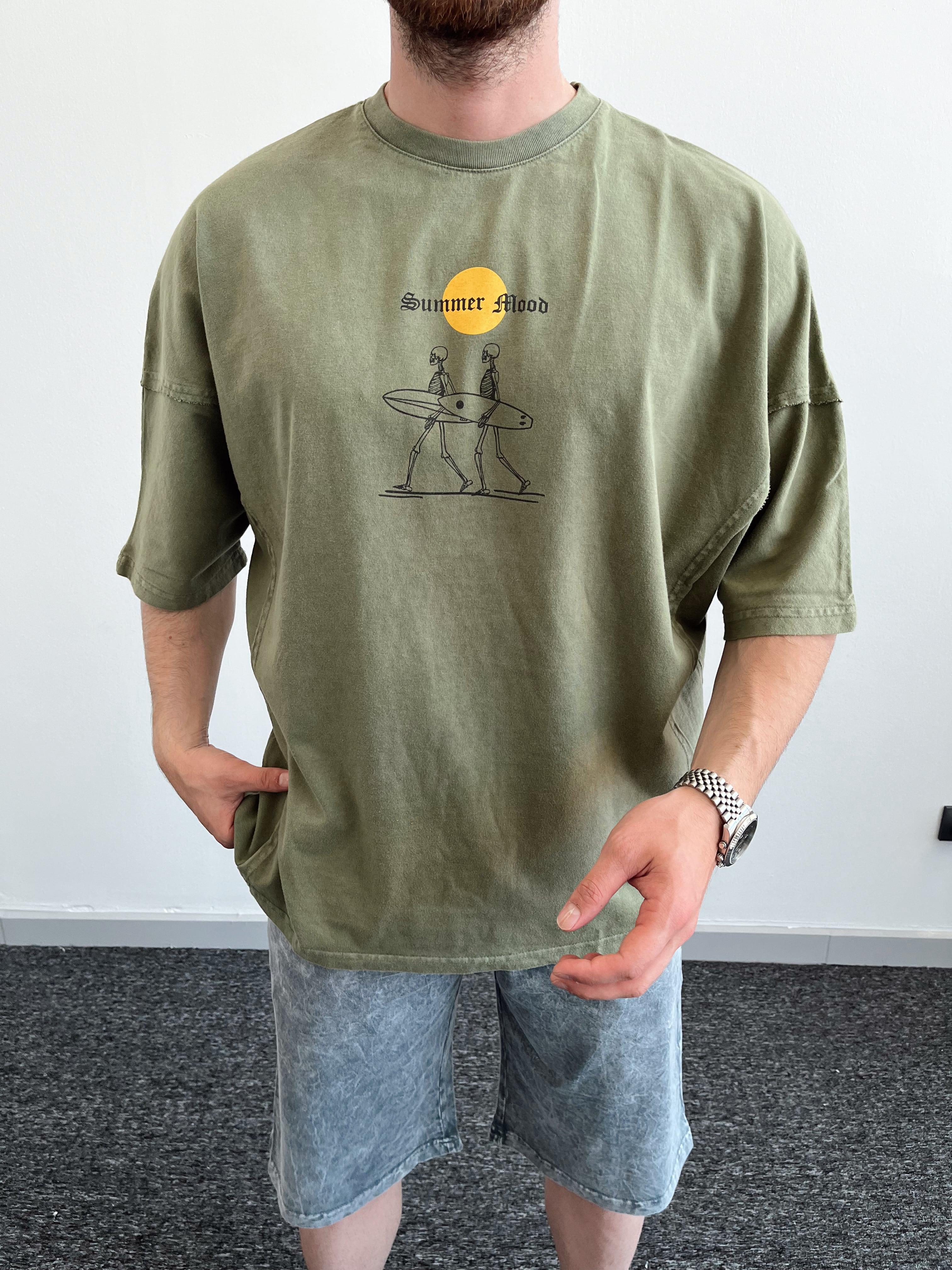 Erkek Yüksek Kalite Bisiklet Yaka Summer Baskılı Yıkama Datay Oversize T-Shirt-Haki(E1080)Ketench