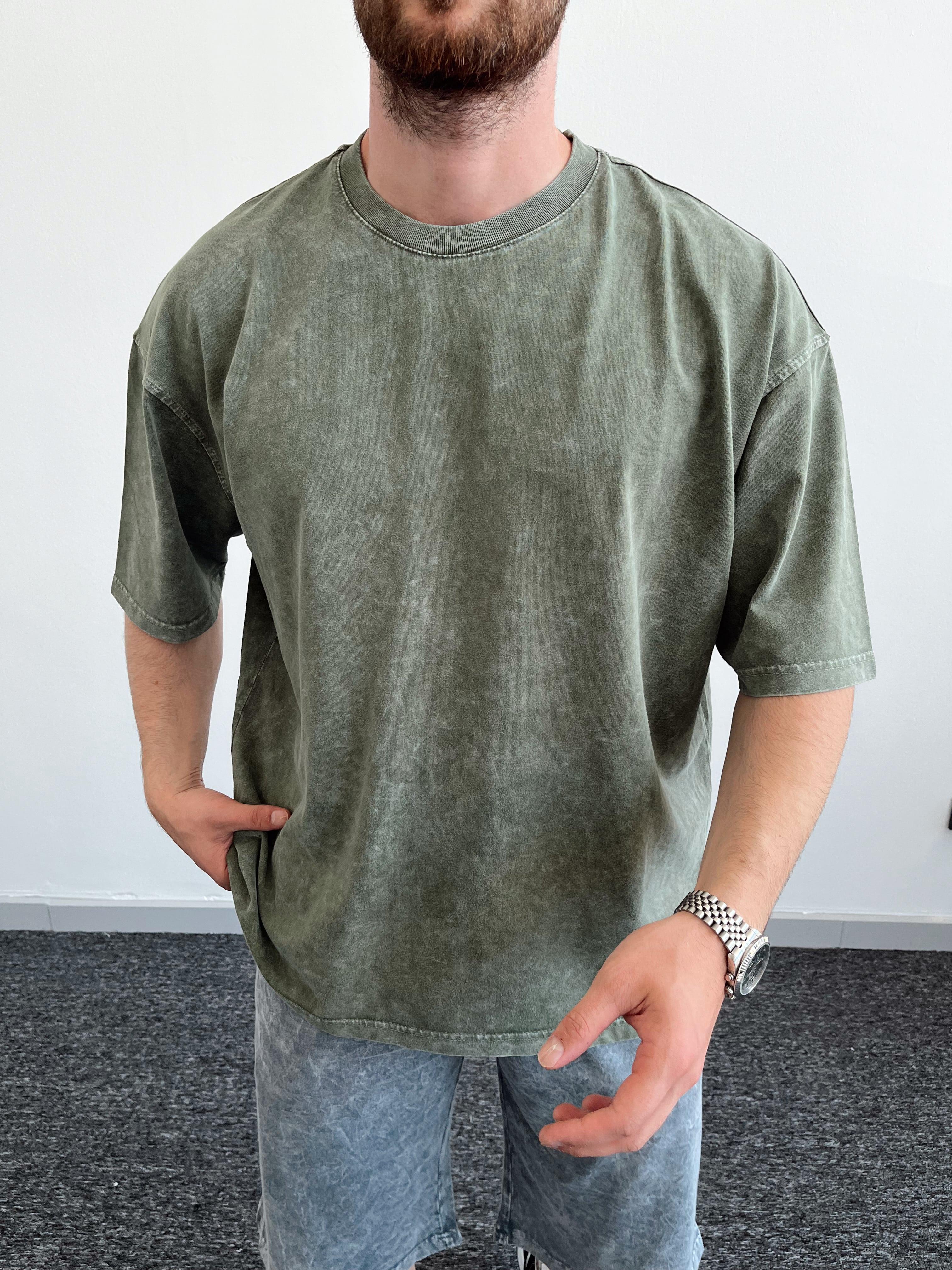 Erkek Yüksek Kalite Bisiklet Yaka Yıkama Detay Oversize T-Shirt-Haki(E1079)Ketench