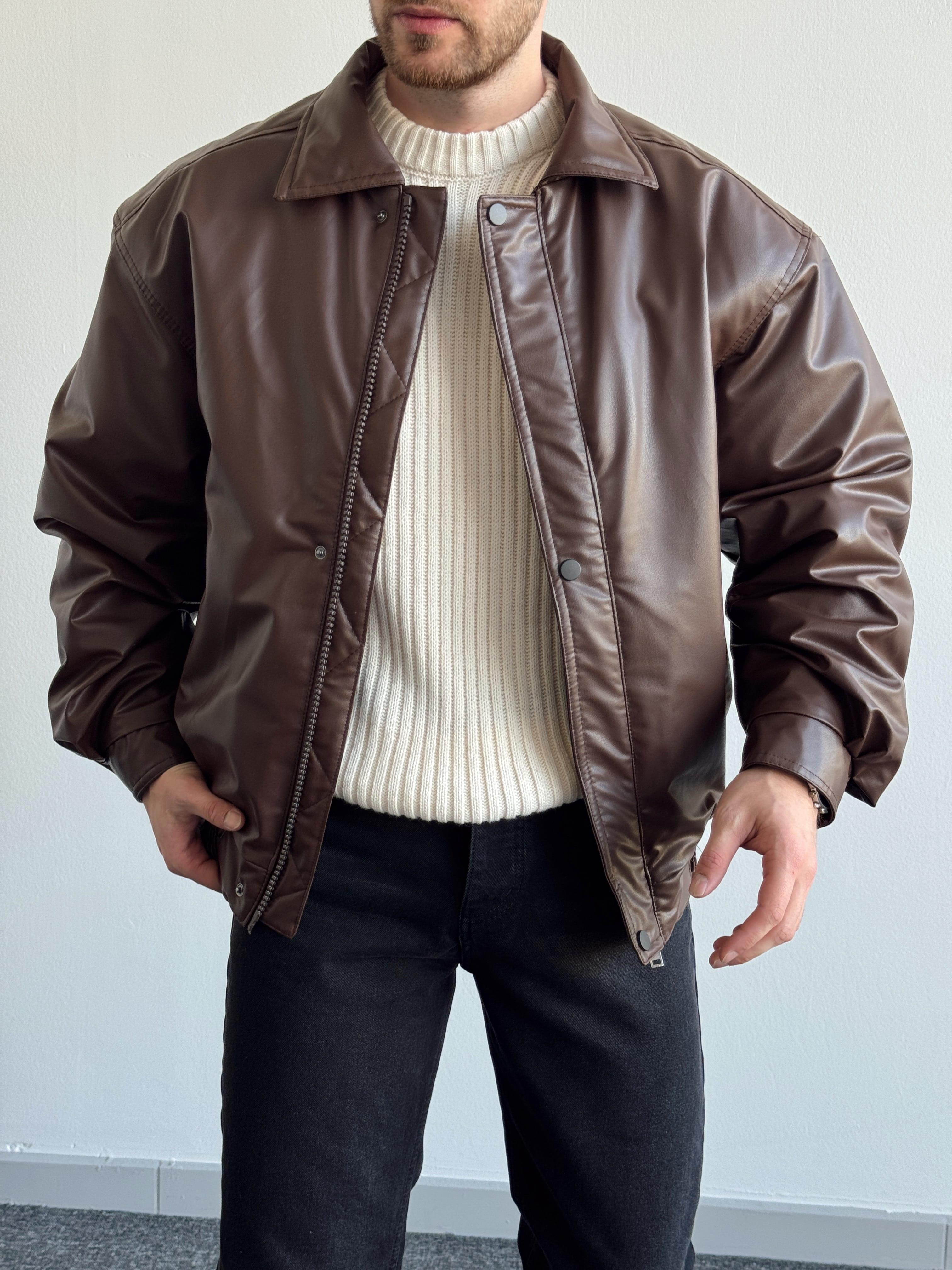 Erkek Yüksek Kalite İçi Astarlı Vintage Model Deri Ceket-Kahverengi(E1198)Ketench