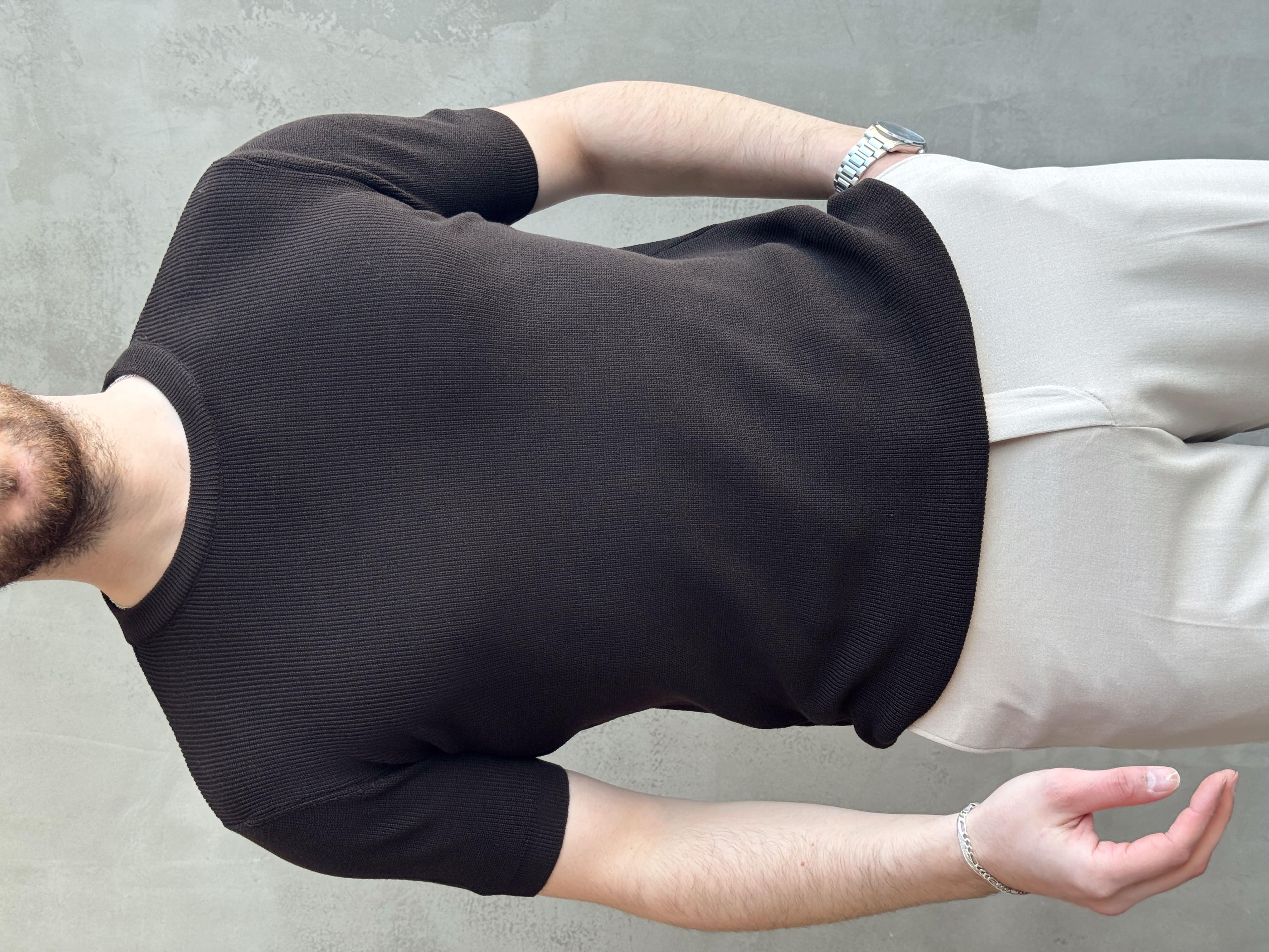Erkek Yüksek Kalite Örme Triko Oversize Kalıp Bisiklet Yaka Triko T-Shirt-Barut(E1655)Ketench